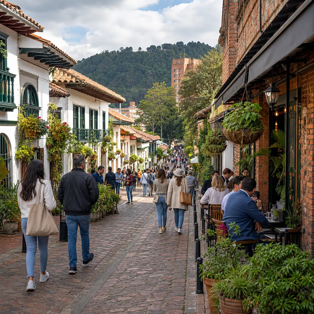 Calle colonial de Usaquén en Bogotá con restaurantes y cafés al aire libre en un domingo