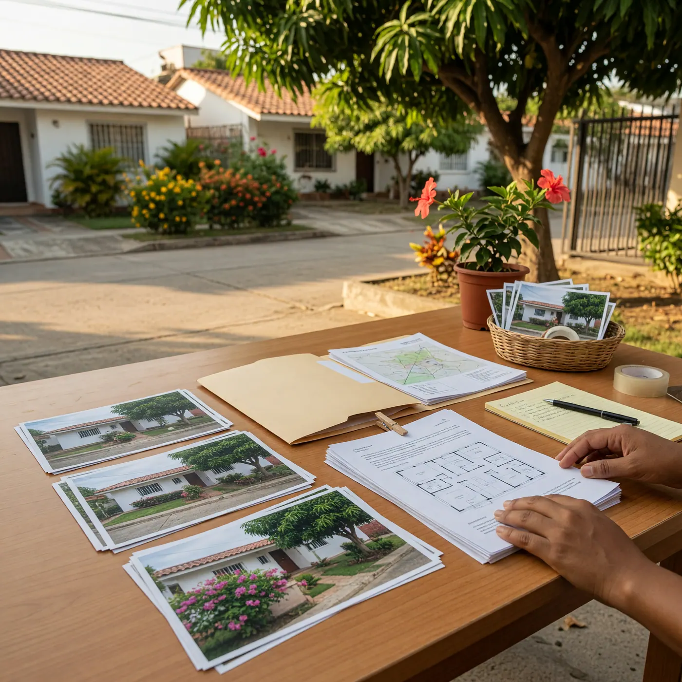 Conjunto residencial cerrado en el norte de Valledupar con casas blancas de tejas de barro, calles arboladas y jardines tropicales bajo un sol brillante.