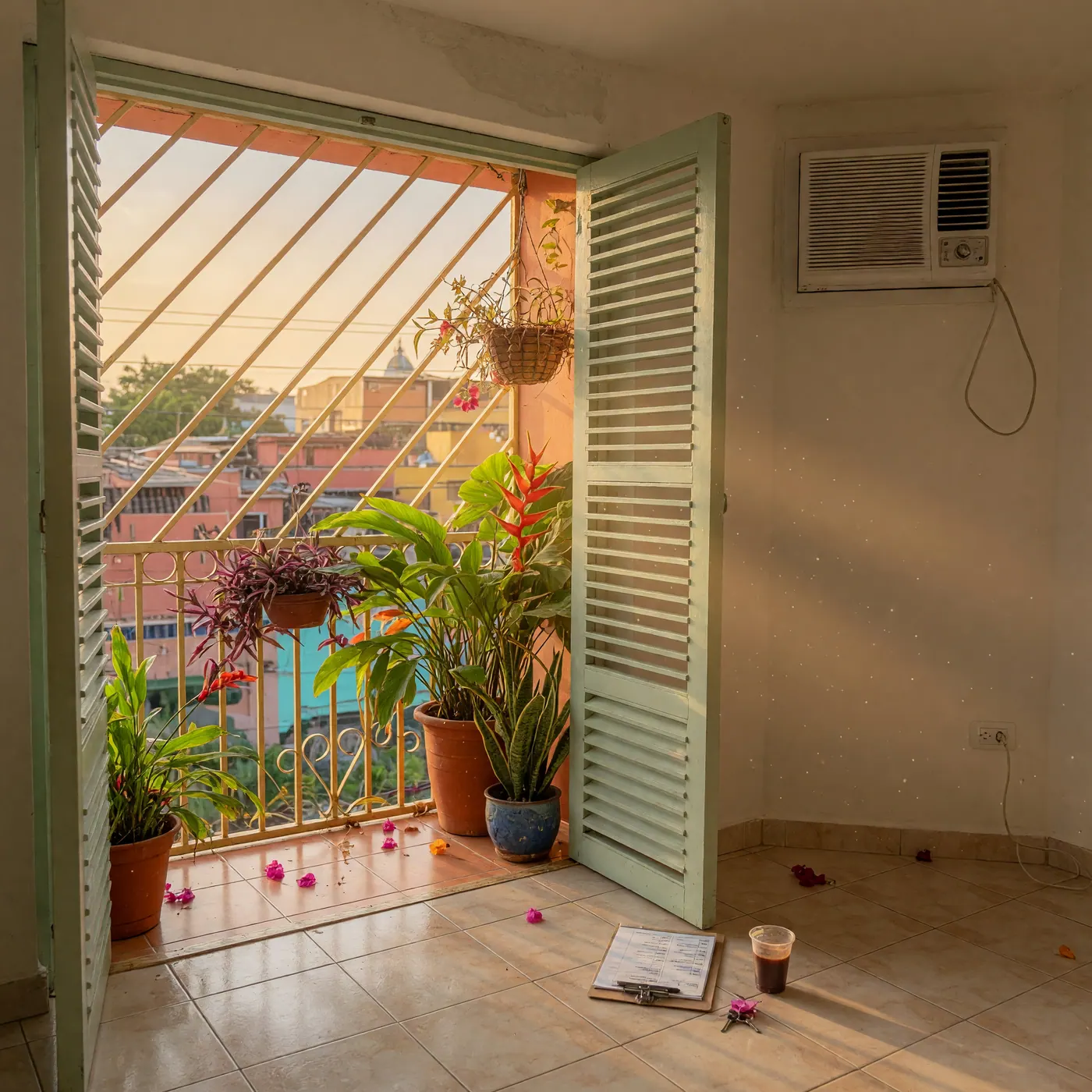 Apartamento en ciudad calurosa colombiana con ventanas abiertas, ventilador de techo y plantas en el balcón, luz de tarde entrando