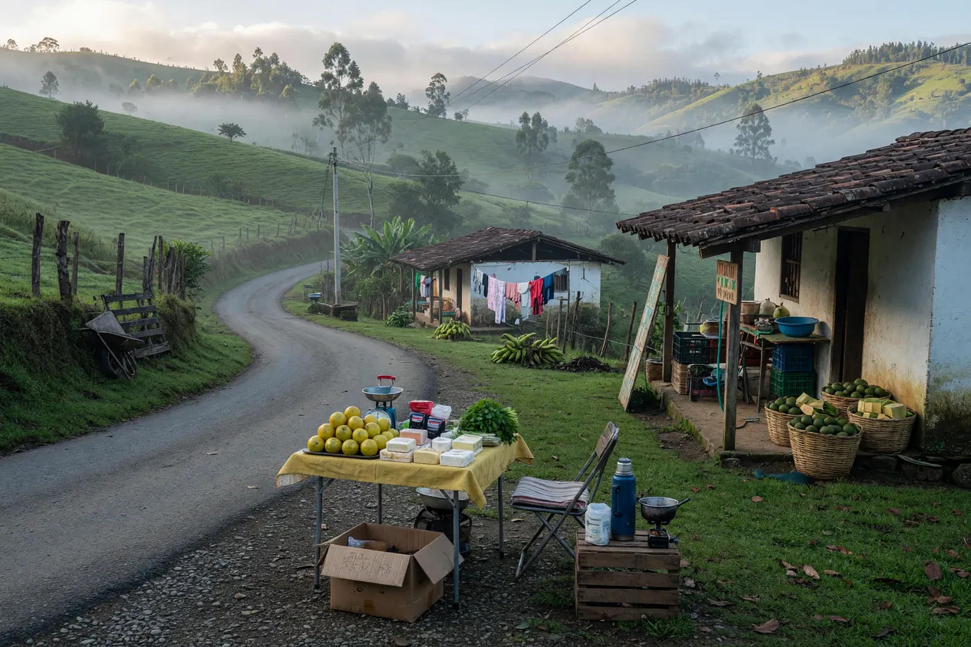 Carretera rural entre colinas verdes del Oriente antioqueño cerca de Rionegro con casas de techo de teja y luz fría de la mañana