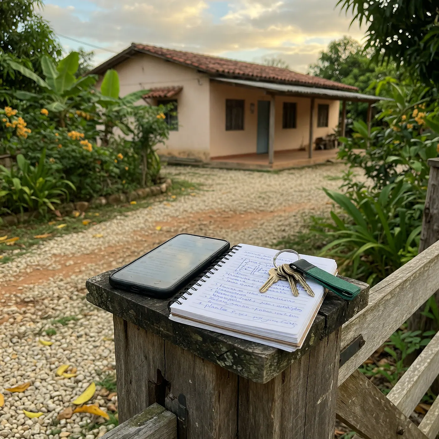 Teléfono y libreta con notas de una visita a una propiedad sobre un portón de madera, llaves y entrada de gravilla con vegetación verde y una casa campestre al fondo en clima nublado
