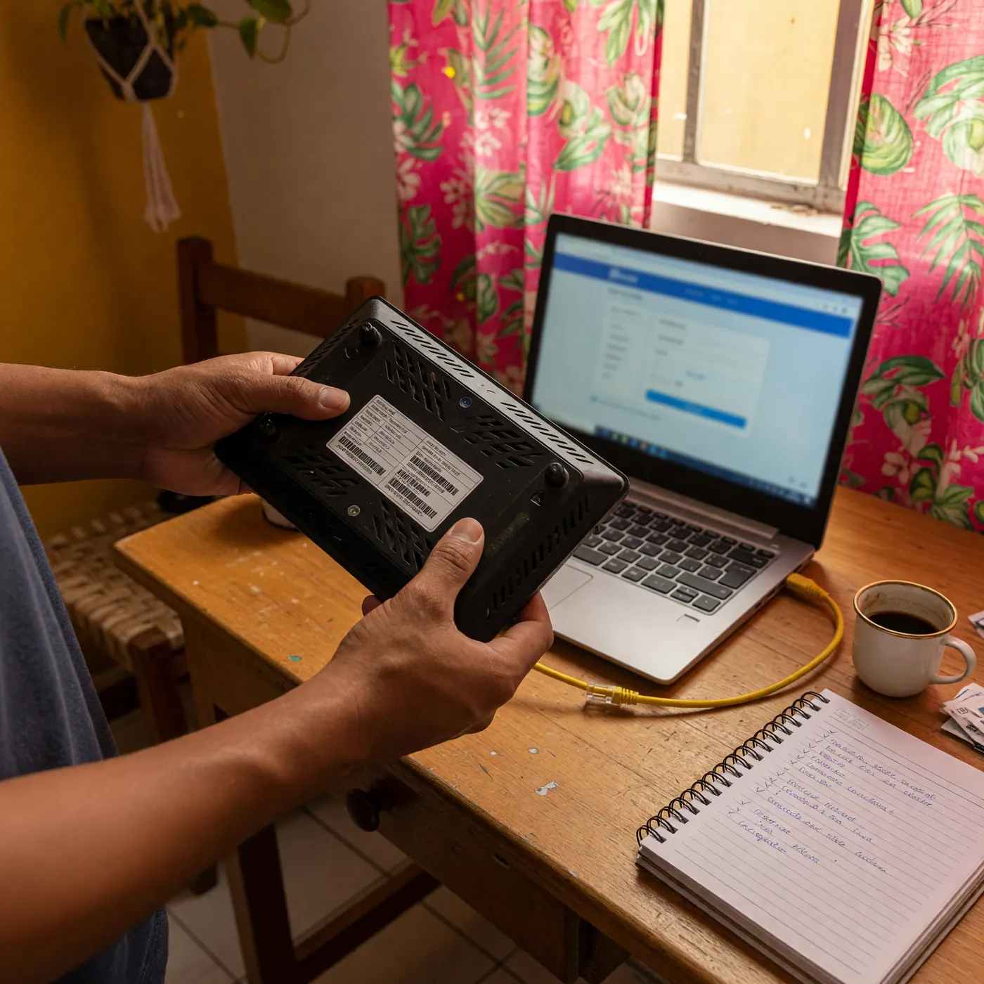 Hands checking a Wi-Fi router label for model and hardware revision beside a laptop with a router setup screen, ethernet cable, and handwritten checklist on a desk in a Colombian apartment