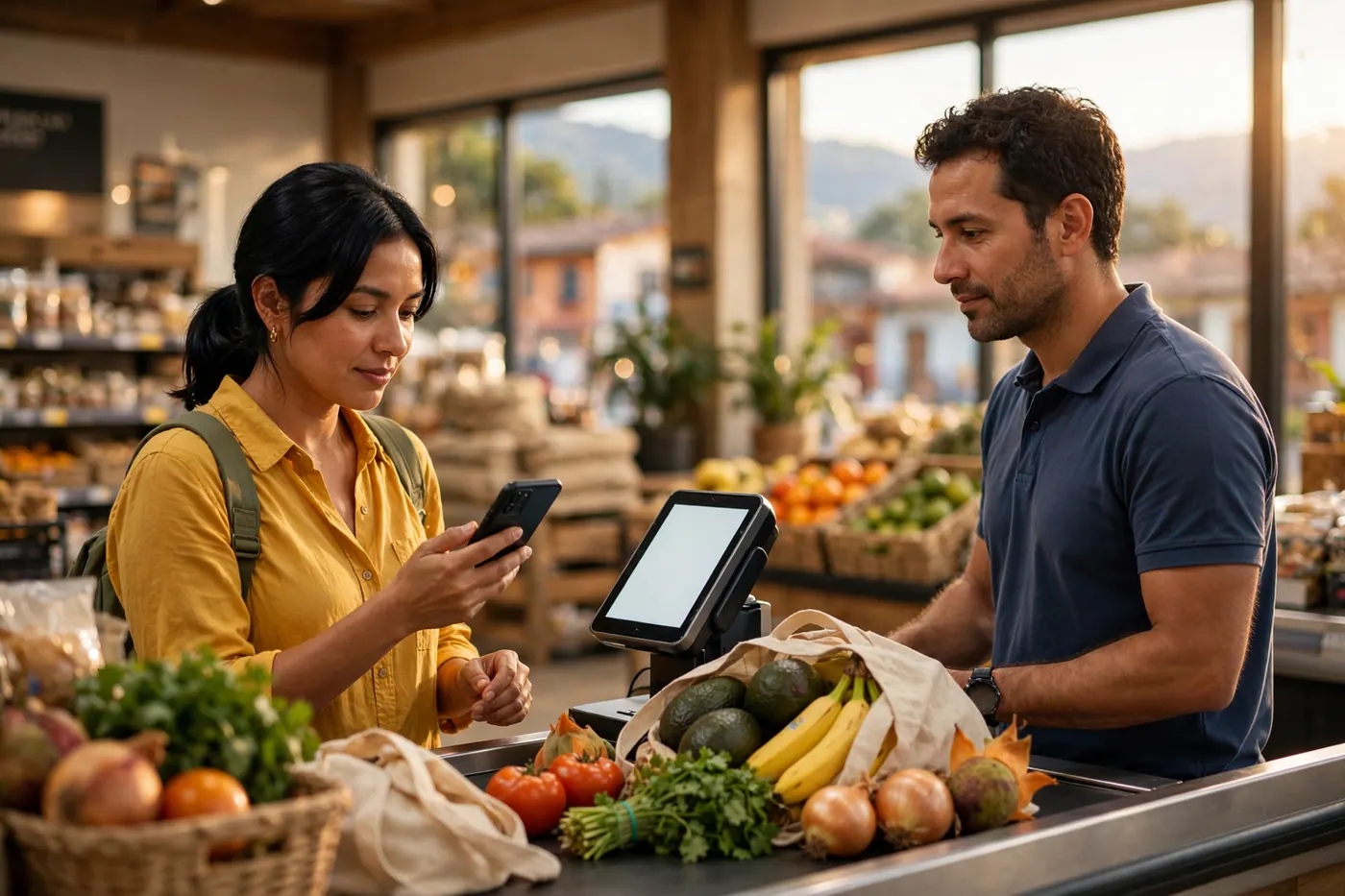 Shopper and cashier at a bright Colombian grocery checkout as the shopper holds a phone over a blank payment terminal beside produce