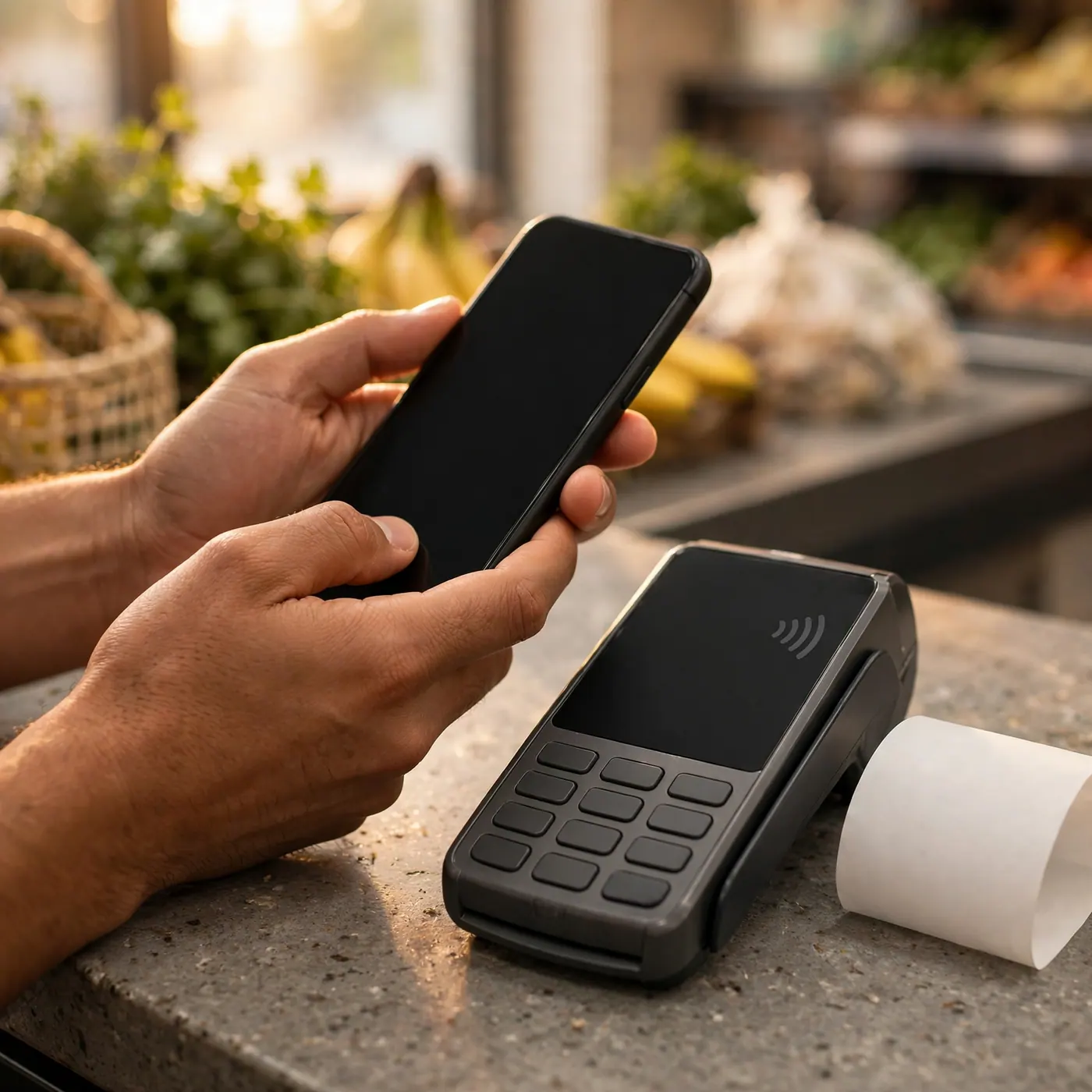 Hands holding a smartphone above a payment terminal on a grocery checkout counter beside fresh produce