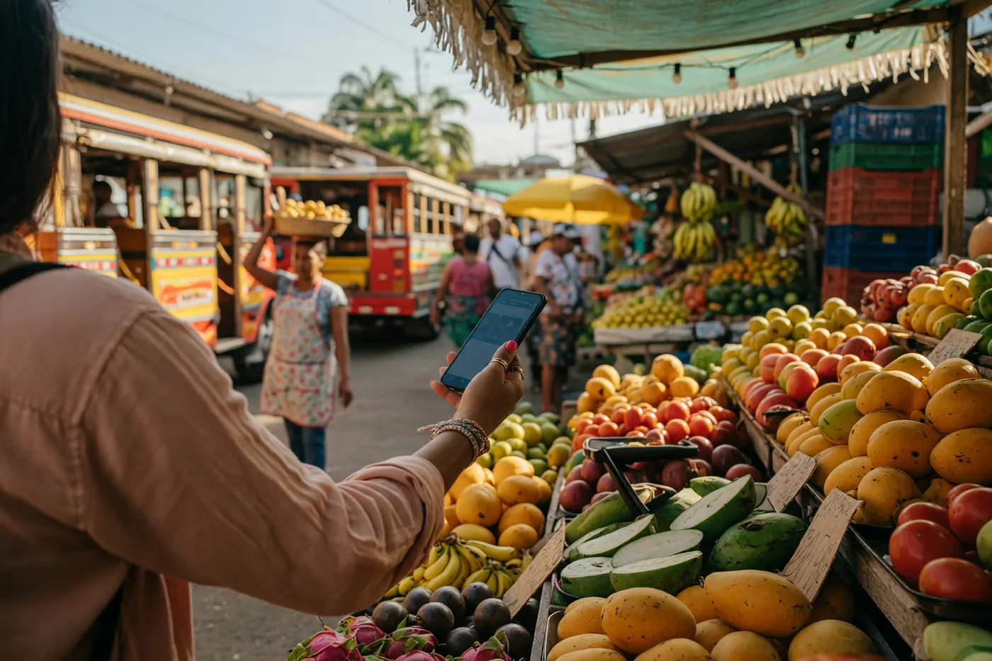 Traveler paying with a smartphone at a colorful Colombian fruit market