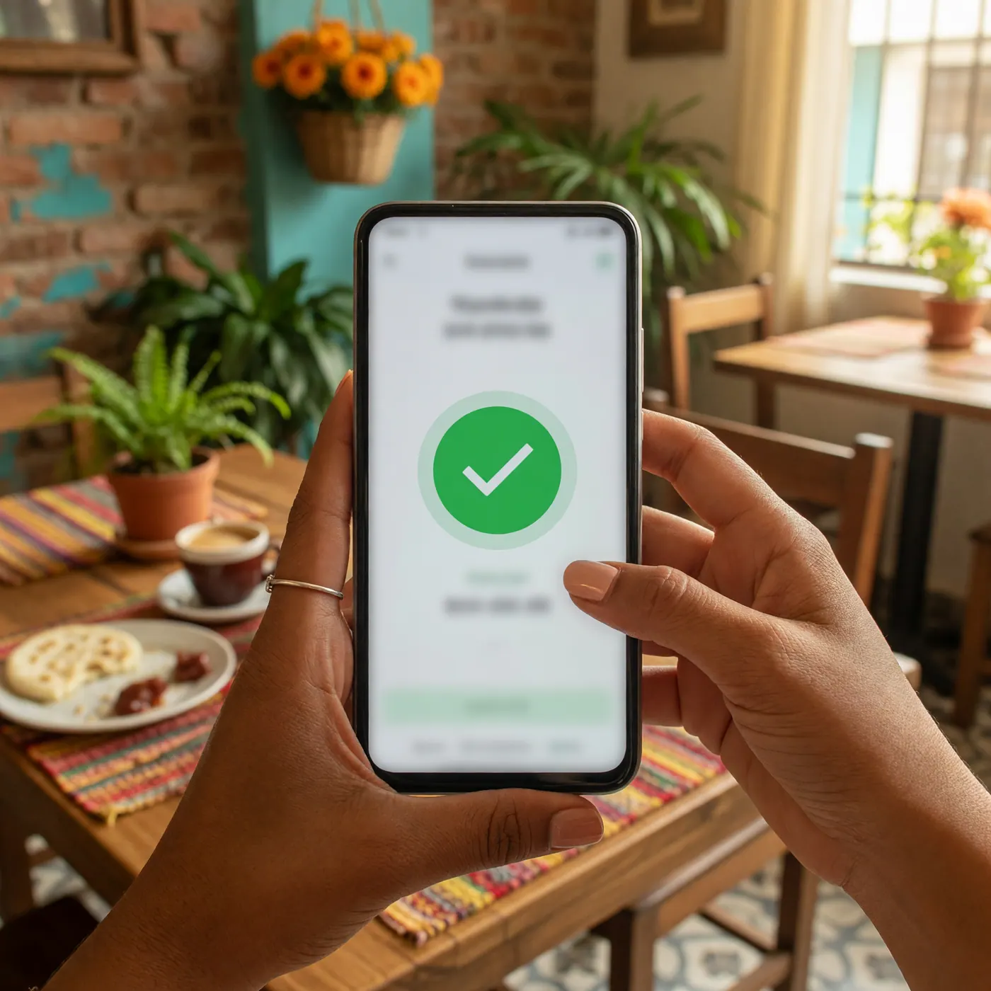Smartphone showing a mobile payment confirmation in a sunny Colombian café