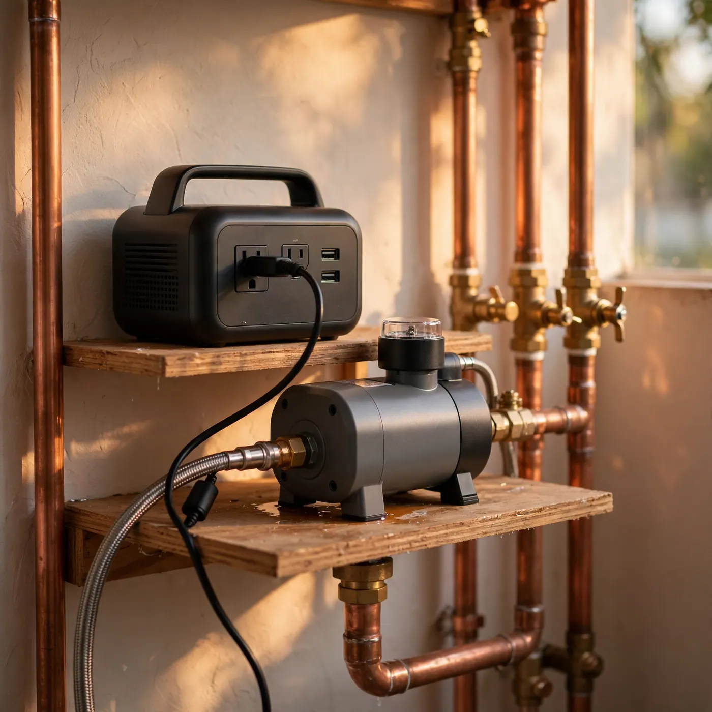 Small pressure pump and portable battery unit on a shelf in a utility corner beside labeled water valves and a charger cable