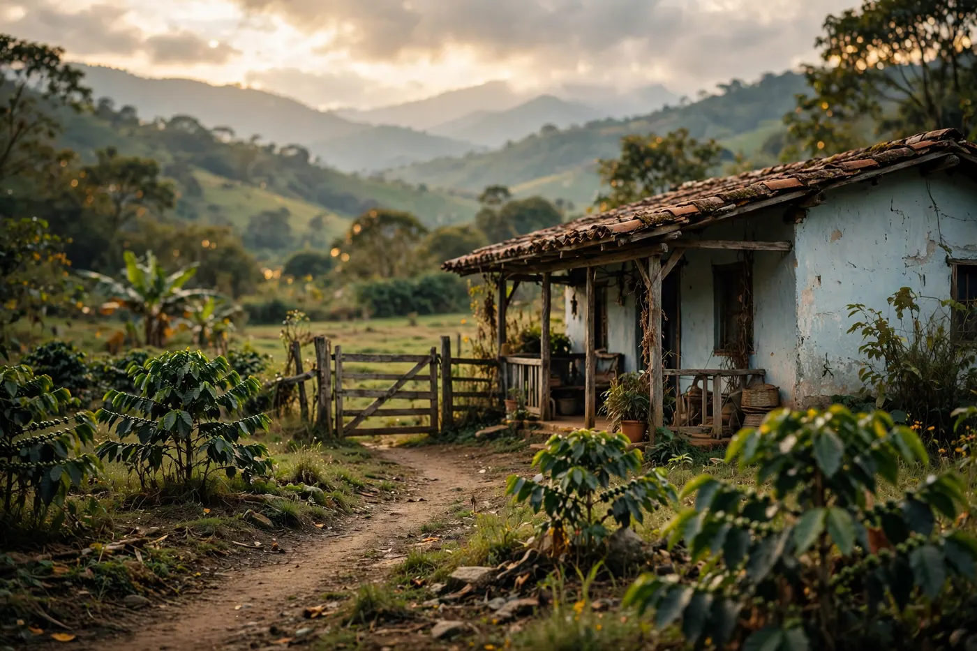 Modest Colombian country house with clay roof tiles, shaded porch and an unpaved track in late-afternoon light