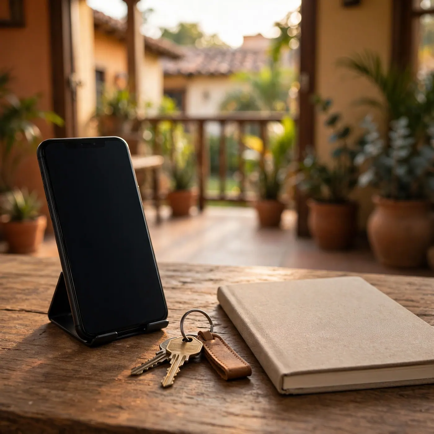 Phone propped toward an empty porch beside house keys and a blank notebook on a wooden table