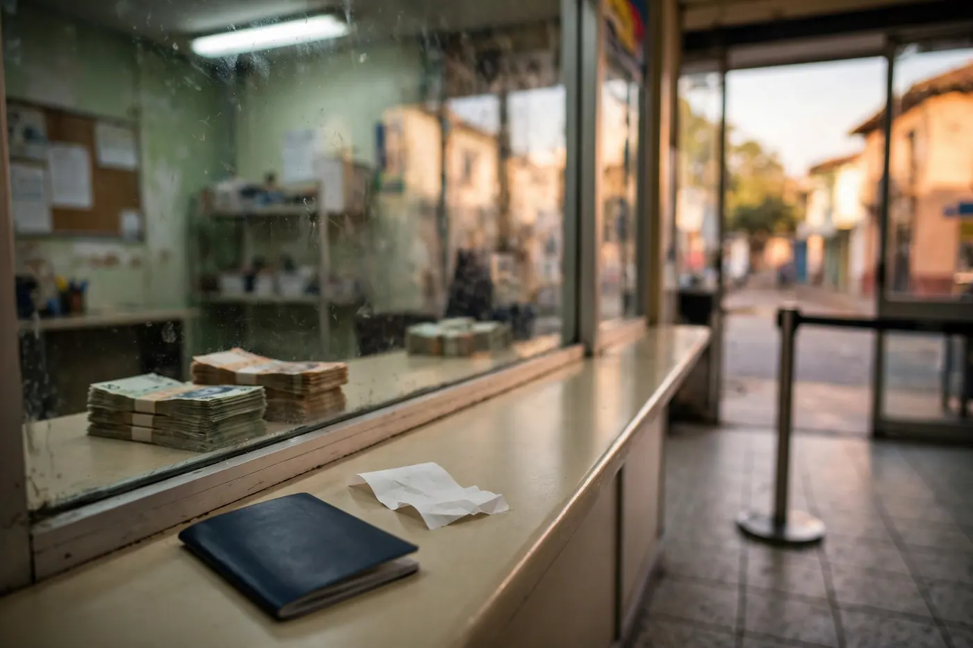 Glass teller window in a modest money-transfer office with counted peso notes, a closed passport and a paper receipt