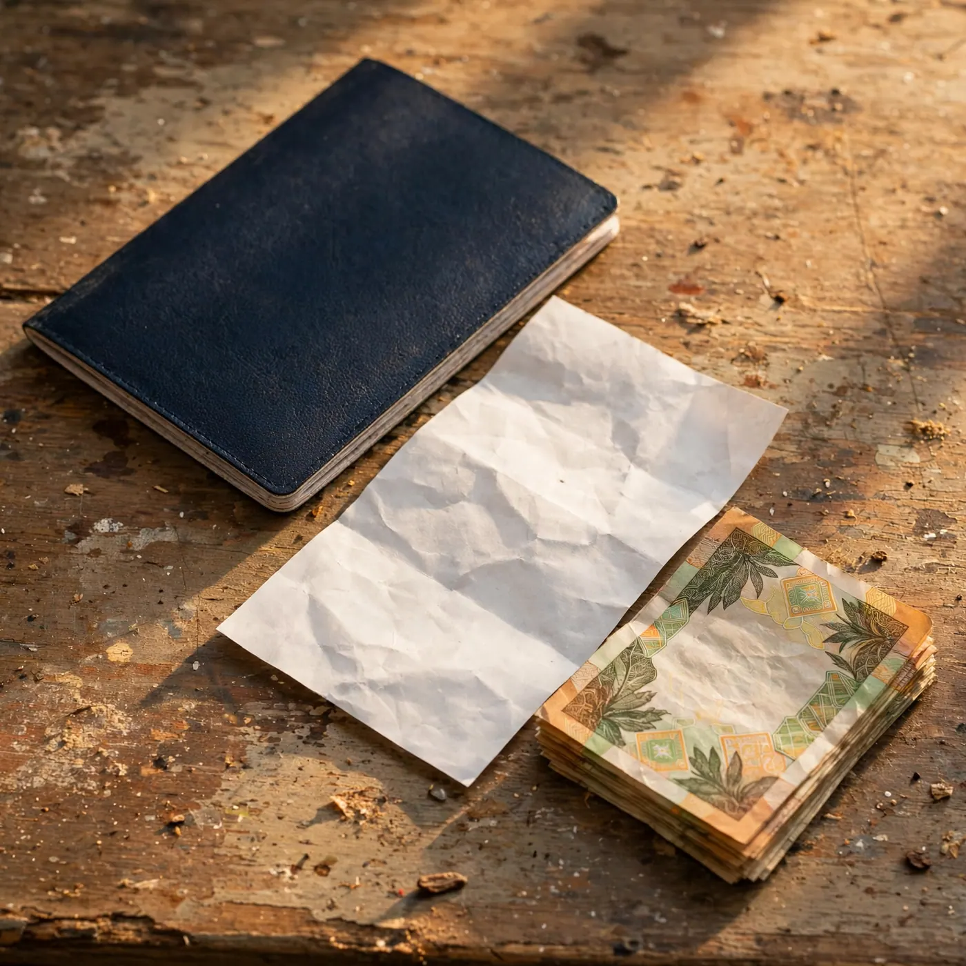 Closed passport, blank tracking slip and a short stack of Colombian peso bills on a counter