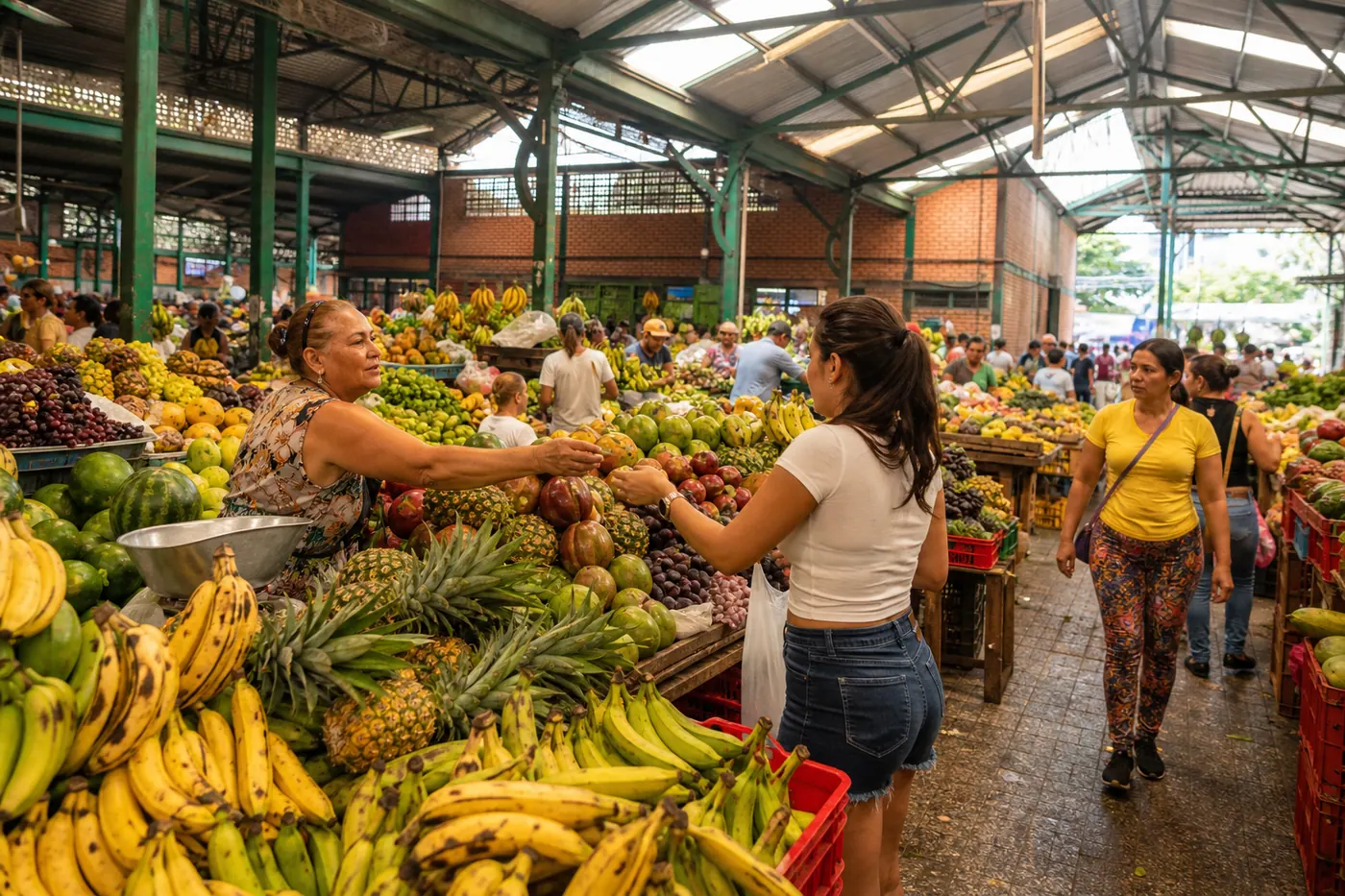 Colorful fruit and vegetable stalls inside a Colombian plaza de mercado