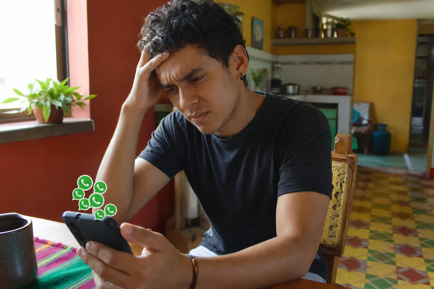 Vendedor colombiano frustrado mirando su teléfono lleno de notificaciones de WhatsApp no deseadas