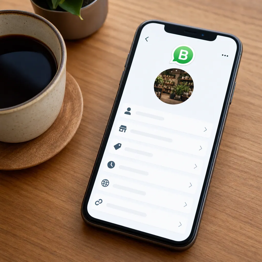 Teléfono con WhatsApp Business en escritorio colombiano junto a taza de tinto