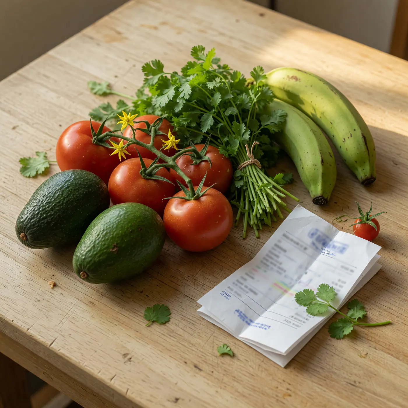 Fresh Bogota market produce with a blurred grocery receipt on a wooden table