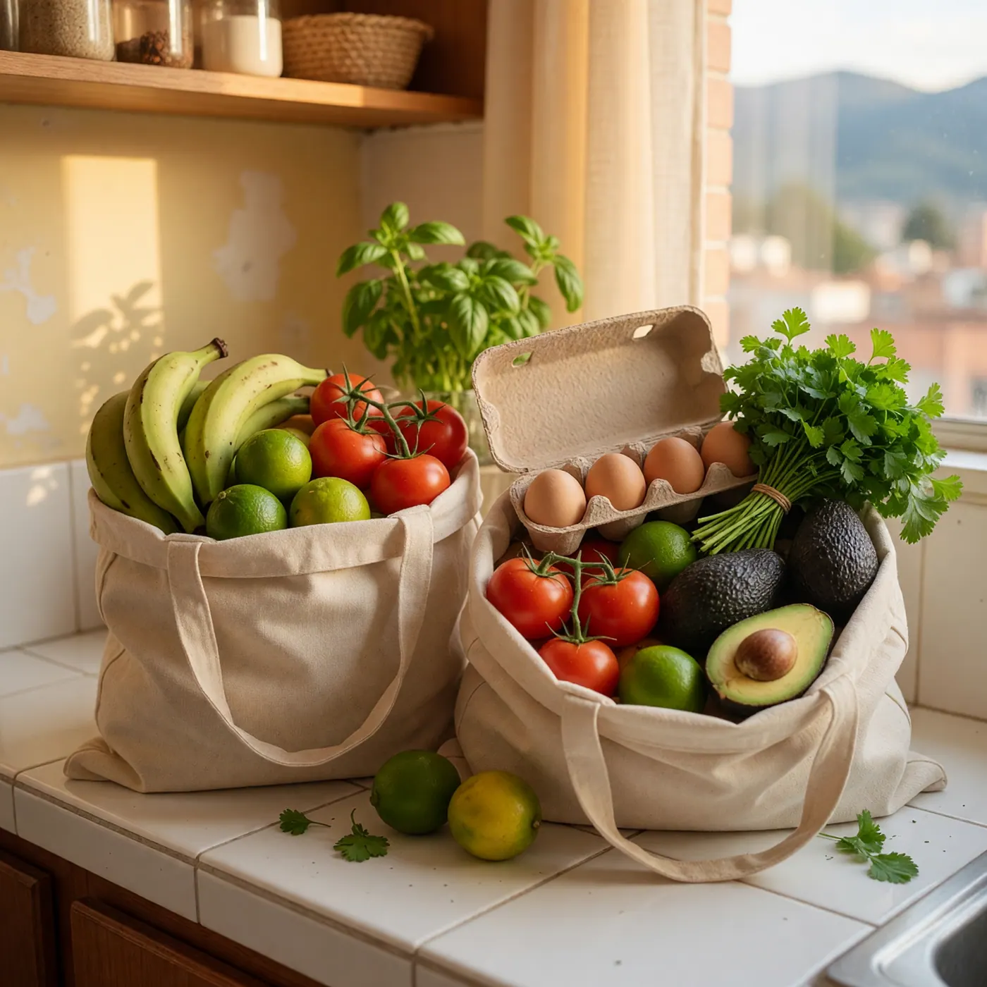 Reusable grocery bags with fresh produce in a Bogota apartment kitchen