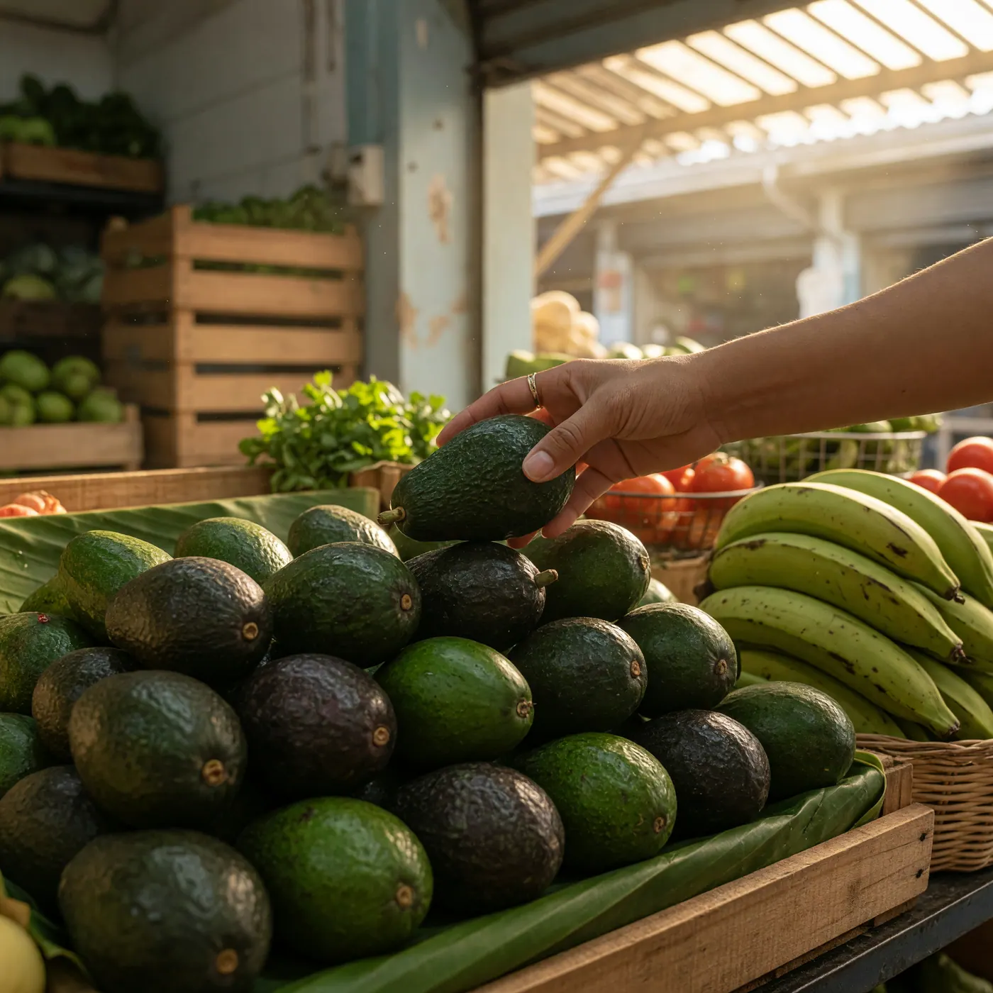 A shopper selecting fresh tropical fruits at a local grocery store in Bogotá, Colombia