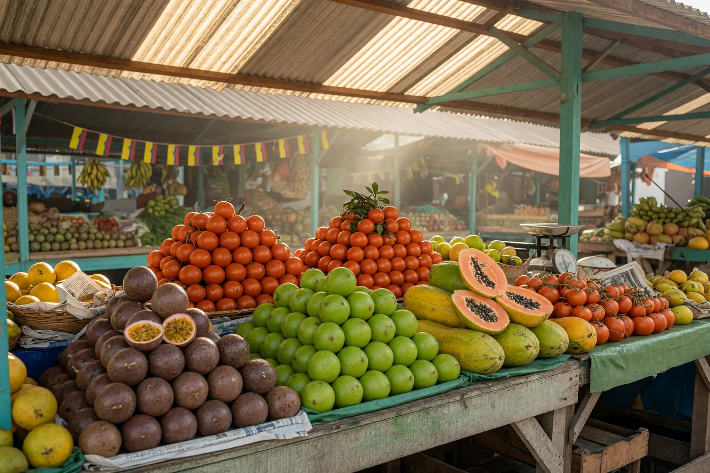 Colorful tropical fruit pyramids on a wooden stall under a sunlit Bucaramanga market pavilion with Colombian pennant flags