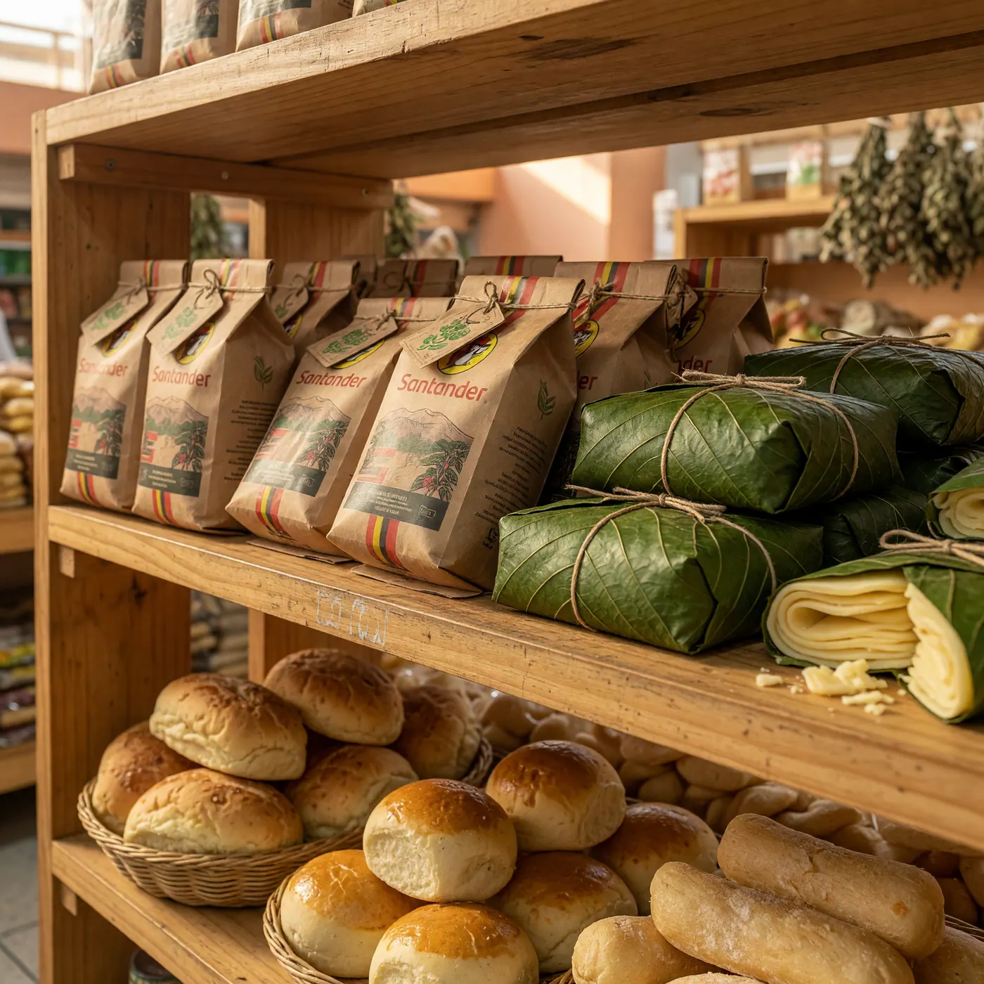 Wooden supermarket shelves holding Santander coffee bags, leaf-wrapped white cheese, and baskets of fresh bread
