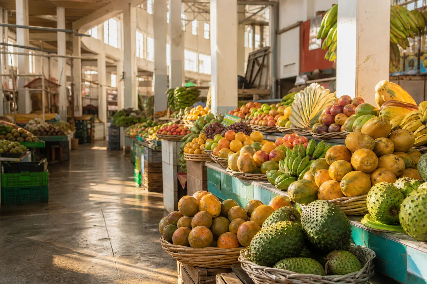 Inside a Cali galería — tropical fruit and vegetable stalls under warm market light