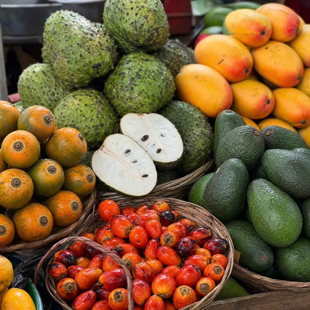 Tropical fruit on display at a Cali galería — lulos, guanábanas, mangoes, avocados, and chontaduros