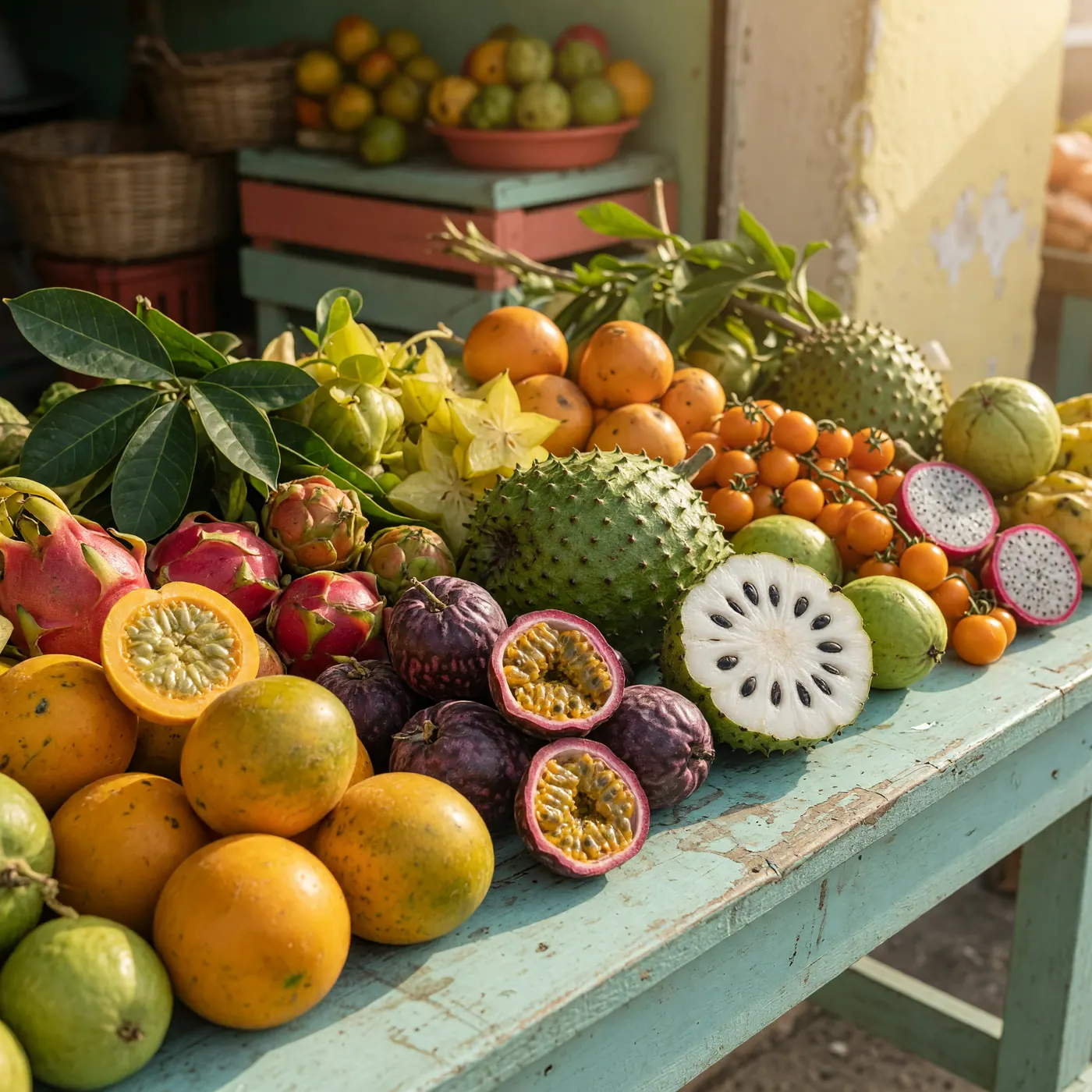 A colorful close-up display of fresh lulo, maracuyá, guanábana, and other tropical fruits in a Cartagena market.