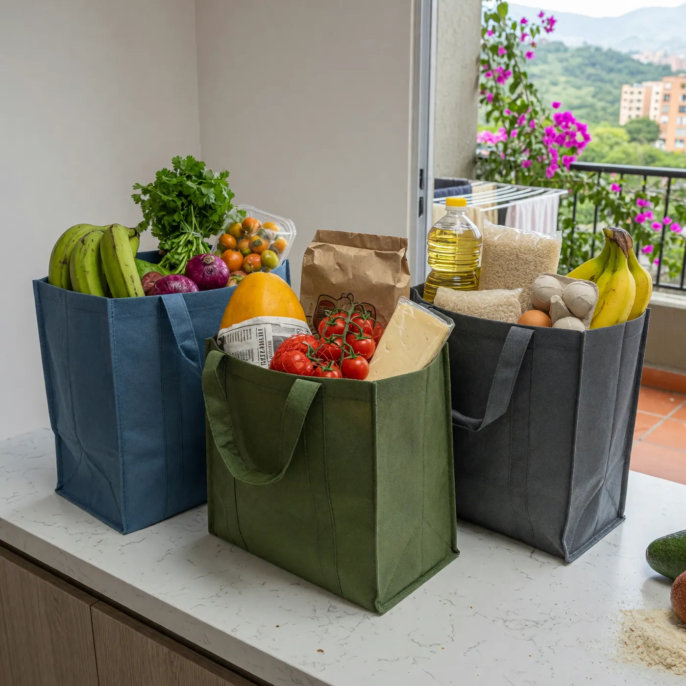 Reusable grocery bags packed with produce and pantry staples in a Medellin apartment