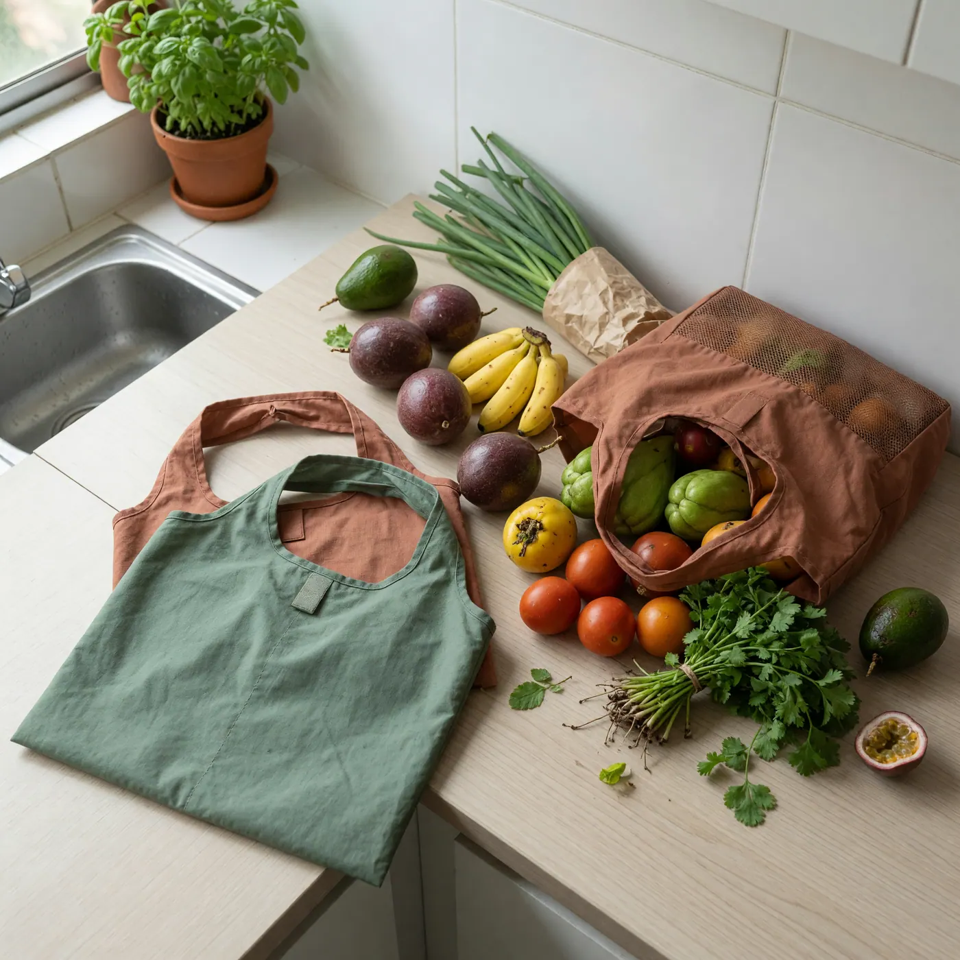 Reusable grocery bags with fresh produce and pantry staples in a Medellin apartment