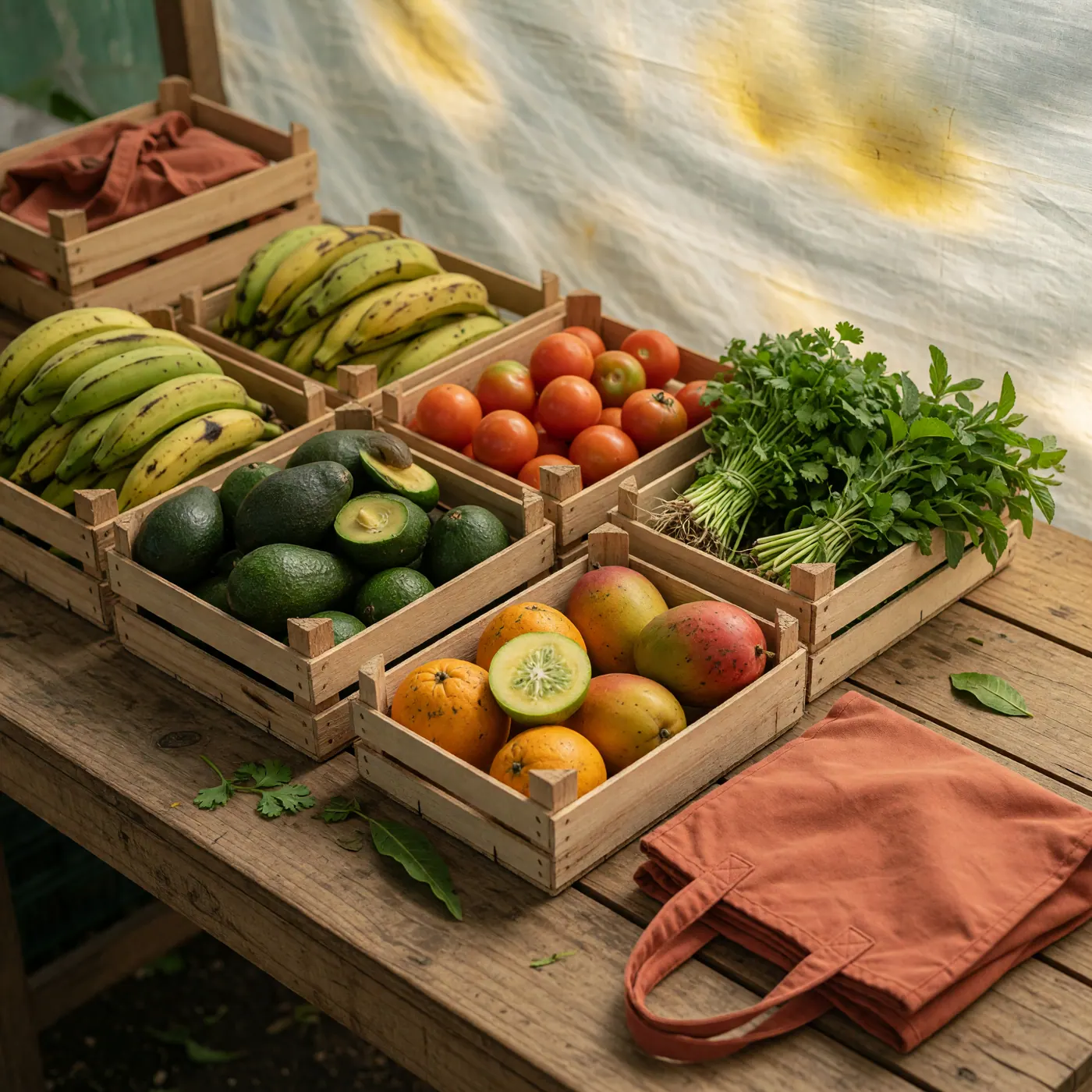 Fresh produce crates at a Medellin market with a folded reusable bag nearby