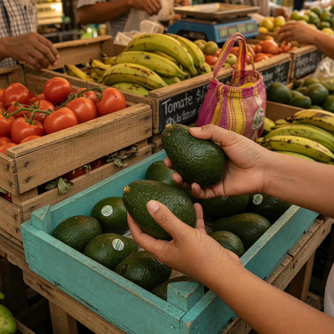 Shopper's hands selecting fresh avocados at a rustic market stall in Plaza Minorista Medellín, with wooden crates of tomatoes and plantains in the background