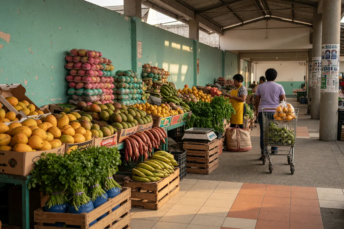 Covered produce market aisle with mangoes, cilantro bunches, plantains in crates, a shopper from behind pushing a metal cart, and a vendor in a yellow apron beside a scale