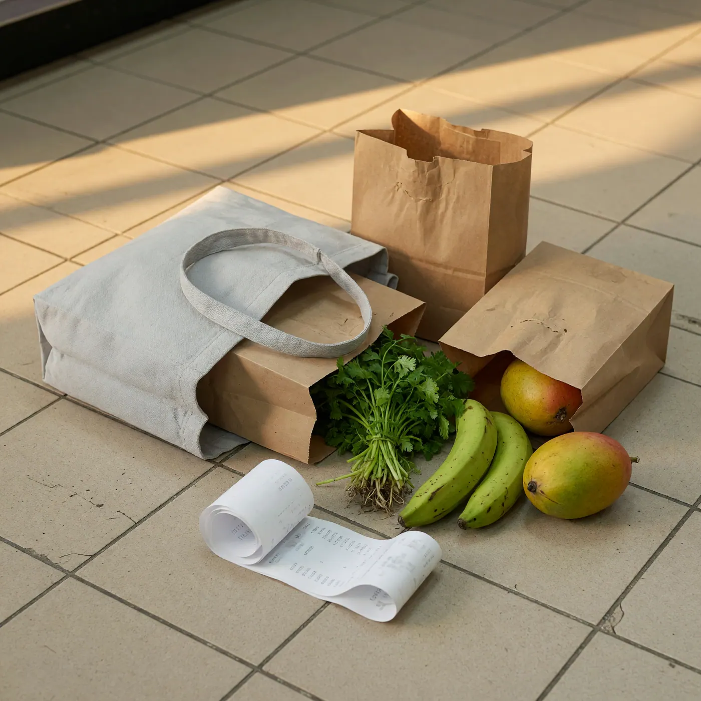 Canvas tote and brown paper bags on tiled floor with cilantro, green plantains, mangoes, and a curled checkout receipt
