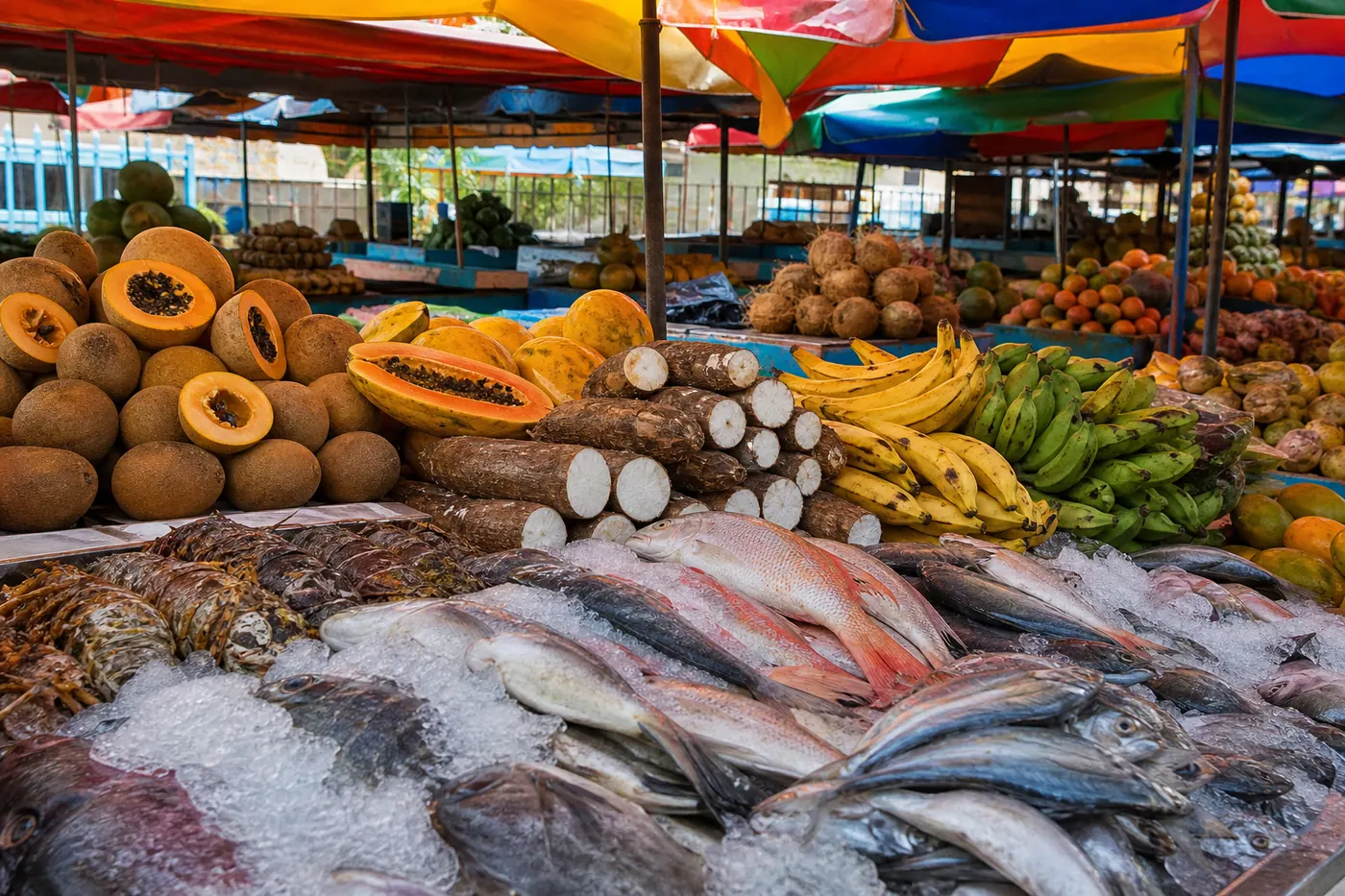 Mercado Público de Santa Marta — tropical fruit and Caribbean fish stalls under warm coastal market light