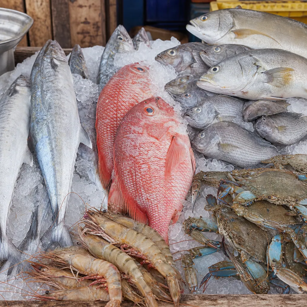 Fresh Caribbean fish on ice at the Mercado Público de Santa Marta — pargo rojo, sierra, mojarra, langostinos