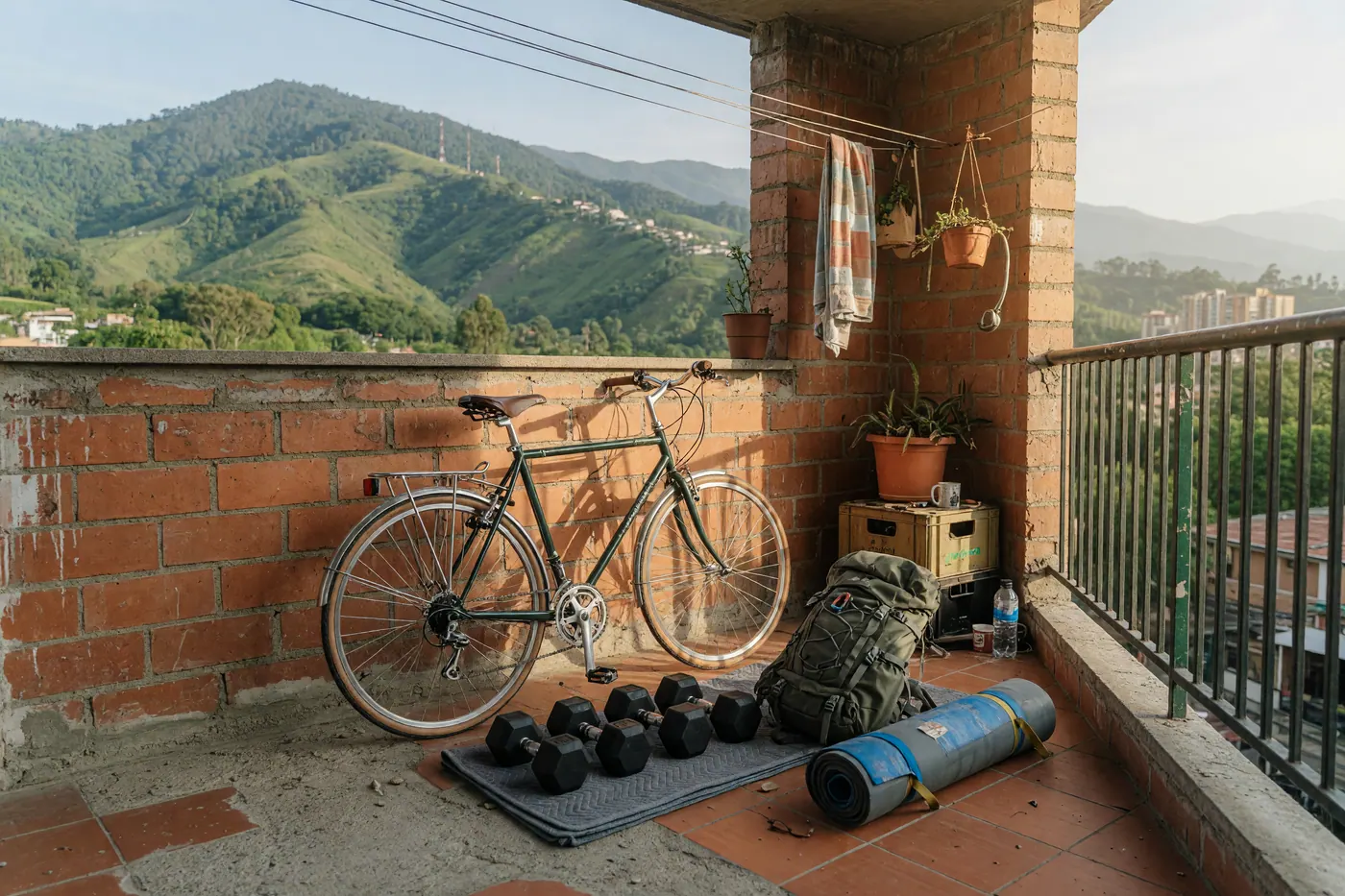Gravel bicycle, dumbbells, backpack and camping mat prepared for sale on a brick apartment balcony in Colombia