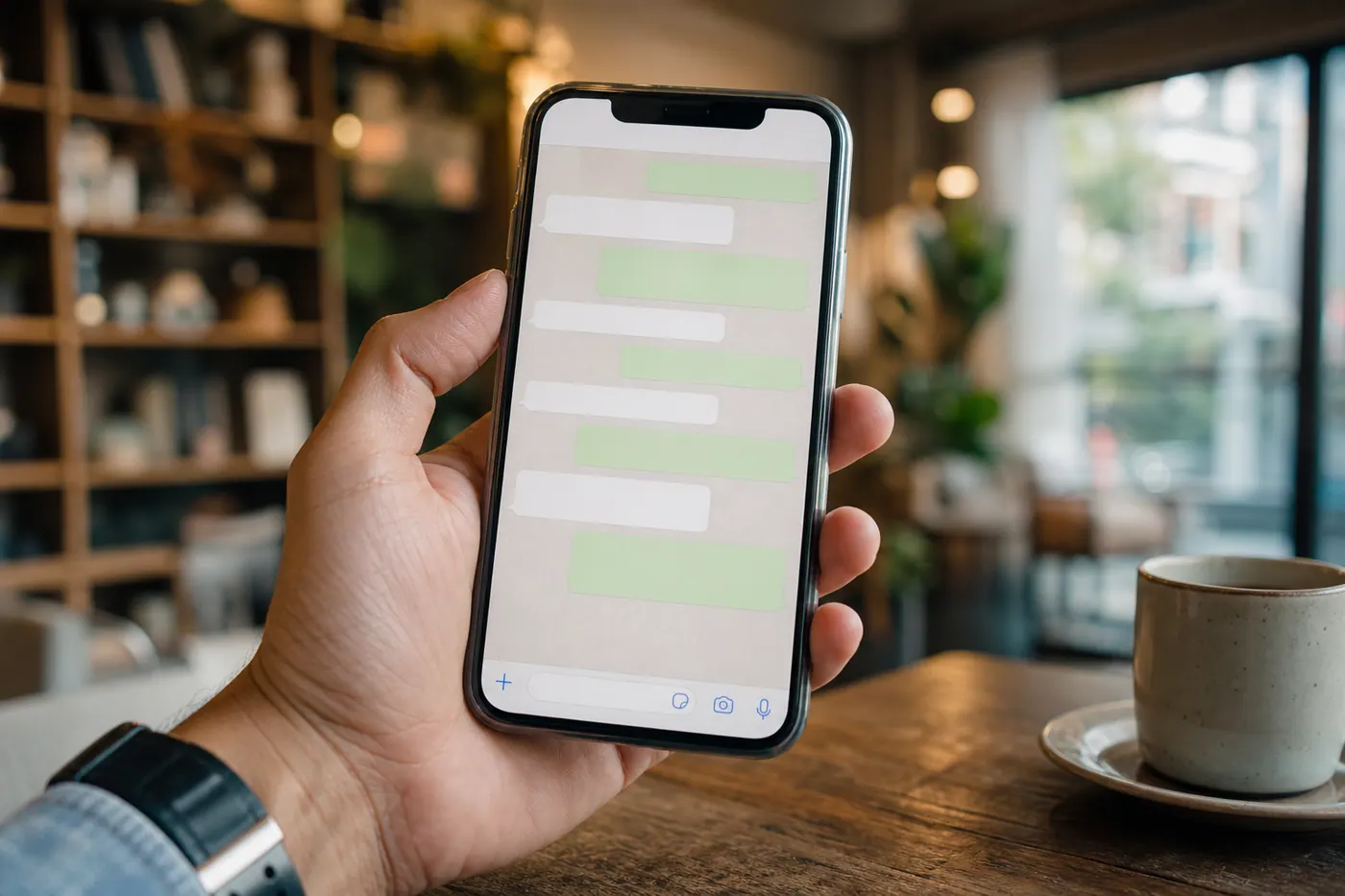 Hand holding smartphone with messaging app open in a Colombian cafe setting