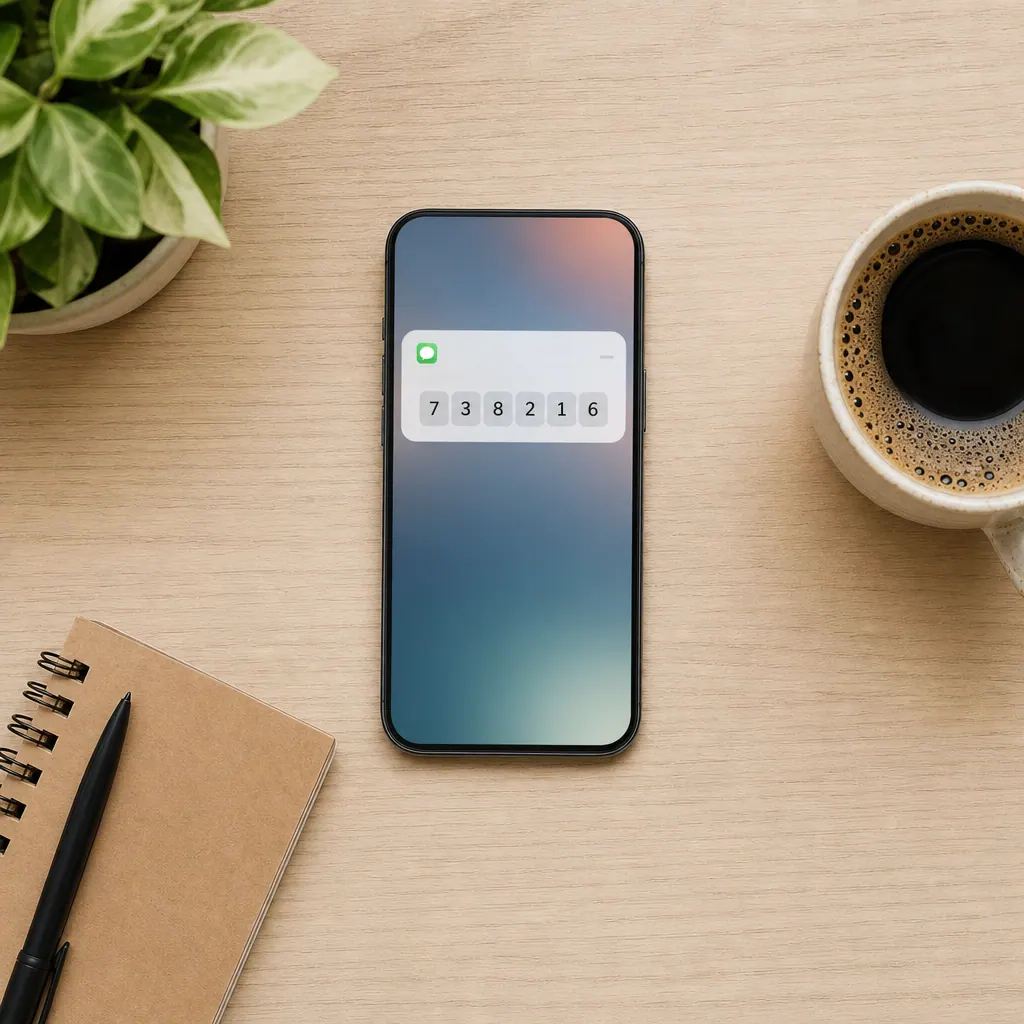 Smartphone on desk receiving a verification code message for login