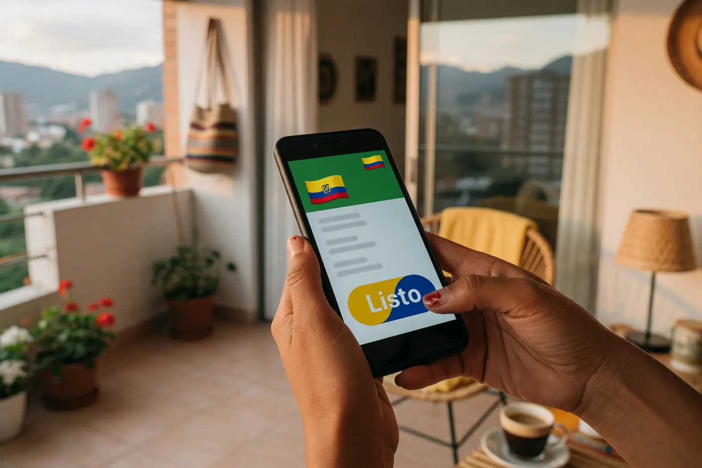 Hands holding a smartphone showing a financial transfer screen with a Colombian flag