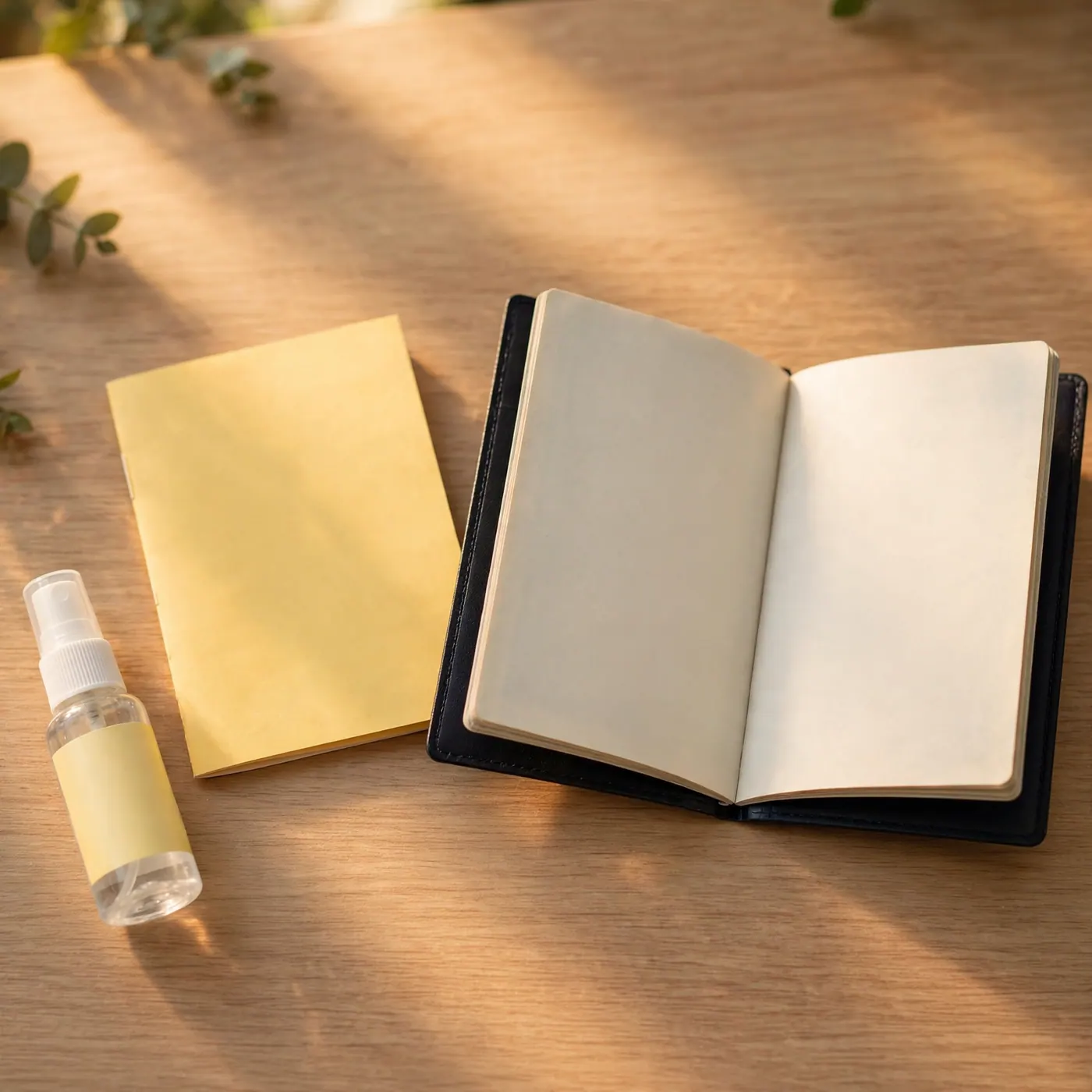 Open passport beside a yellow vaccination booklet and a small bottle of insect repellent on a counter