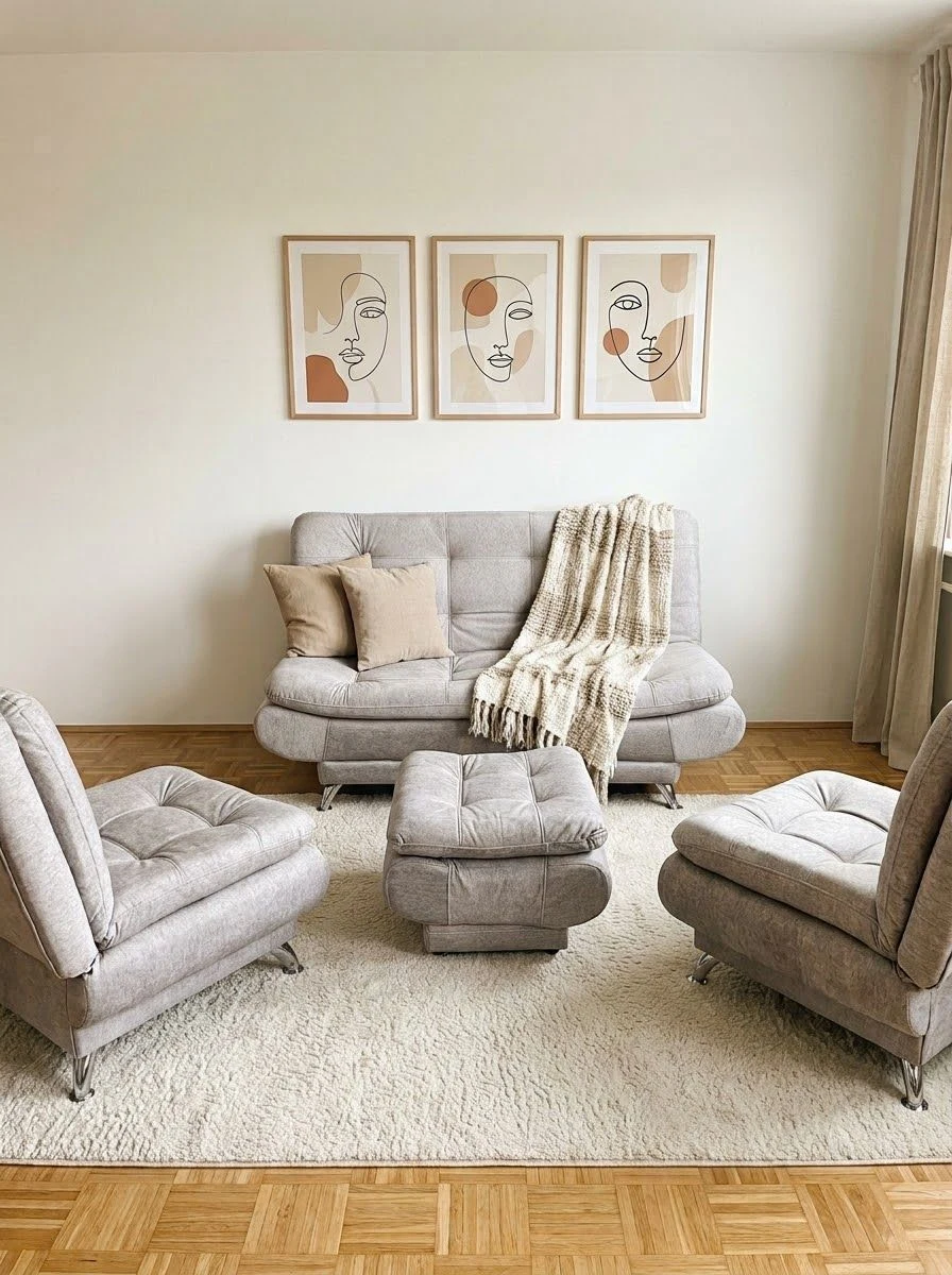Venta de sofás y salas en Medellín: Juego de sala gris en venta: sofá, dos sillones y puf — Colombia Move