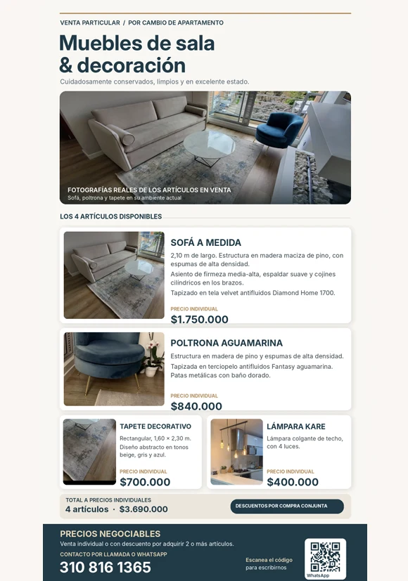 Venta de sofás y salas en Bogotá: Muebles de sala en venta: sofá, poltrona, tapete y lámpara — Colombia Move