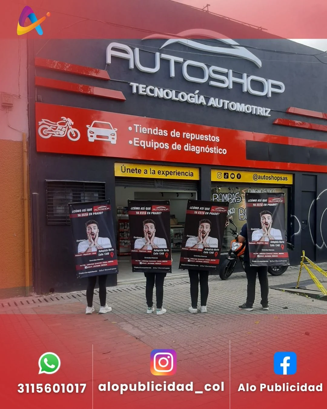 Servicio en Kennedy, Bogotá: Publicidad con pendones humanos frente a tienda Autoshop — Colombia Move