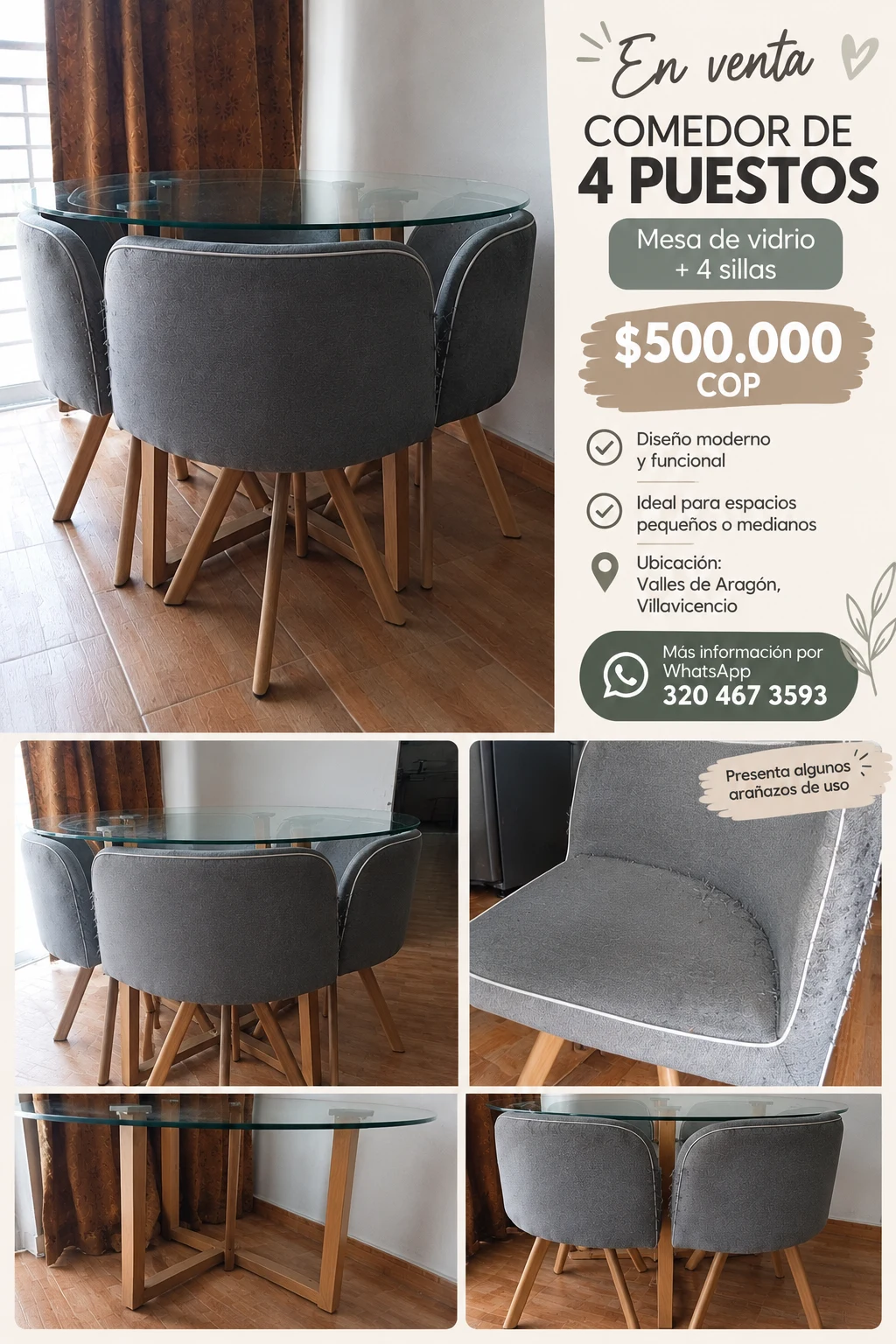 Venta de mesas y sillas en Villavicencio: Comedor de 4 puestos con mesa de vidrio y 4 sillas — Colombia Move