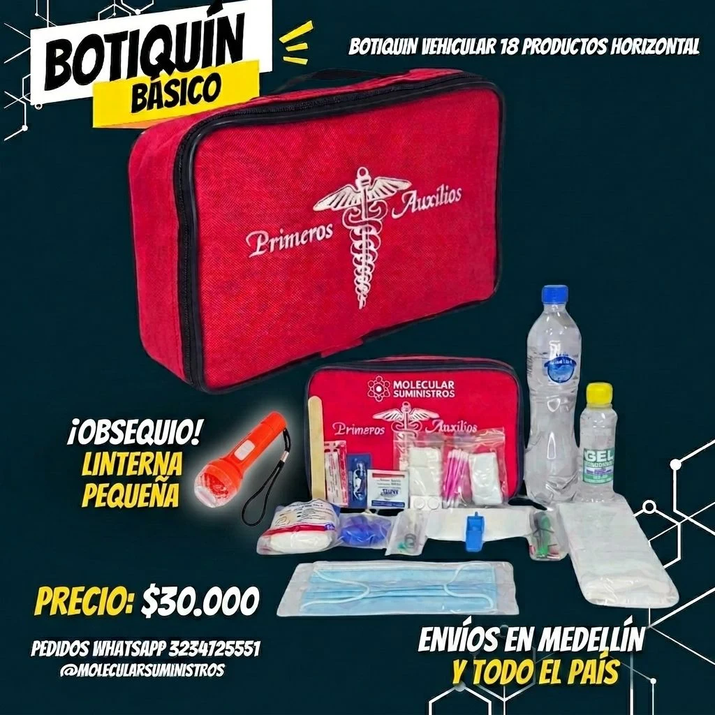 Venta de repuestos y accesorios en Medellín: Botiquín vehicular básico horizontal con elementos — Colombia Move
