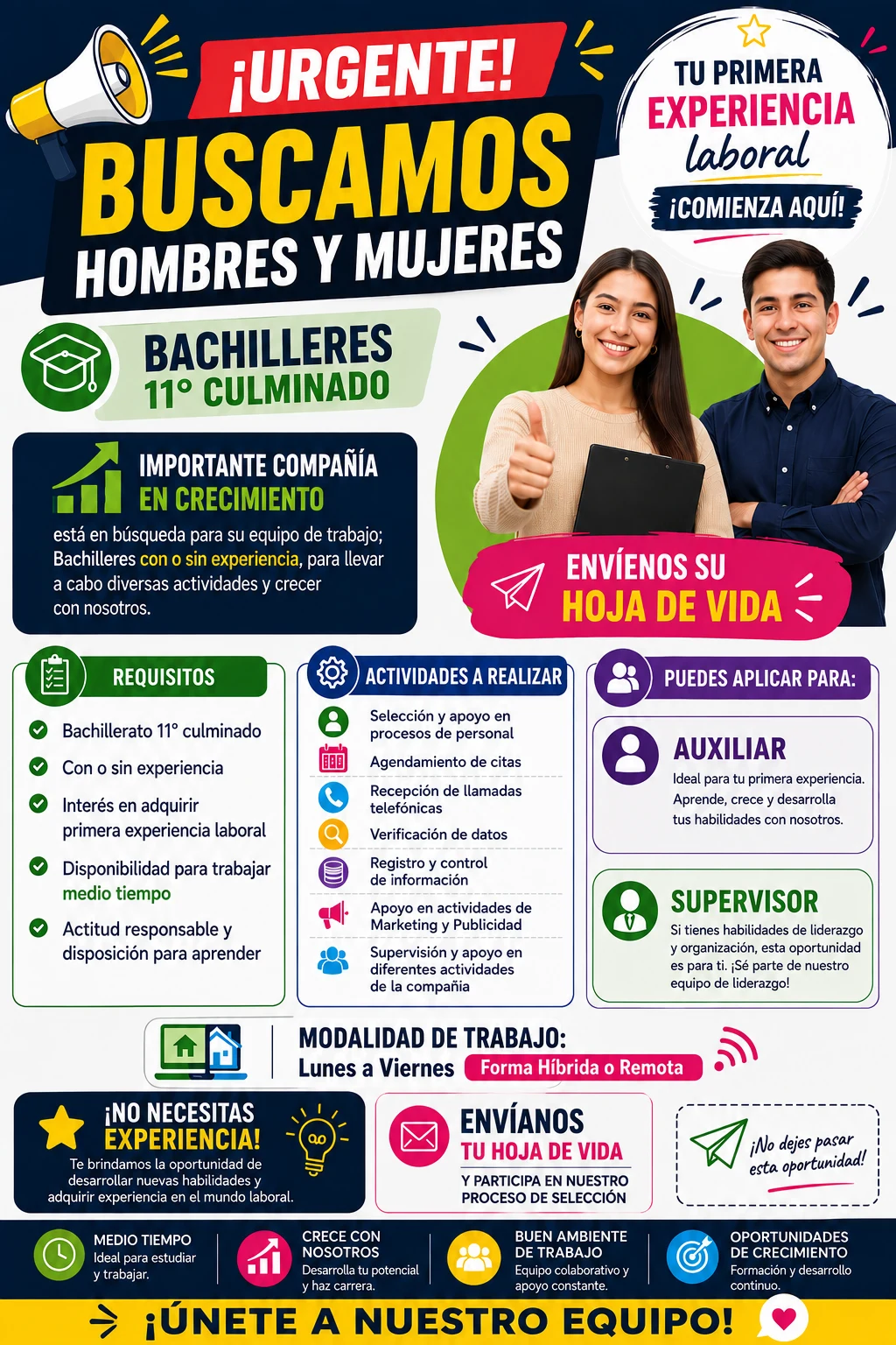 ¡CONVOCATORIA ABIERTA! AUXILIAR Y SUPERVISOR DE MEDIO TIEMPO
