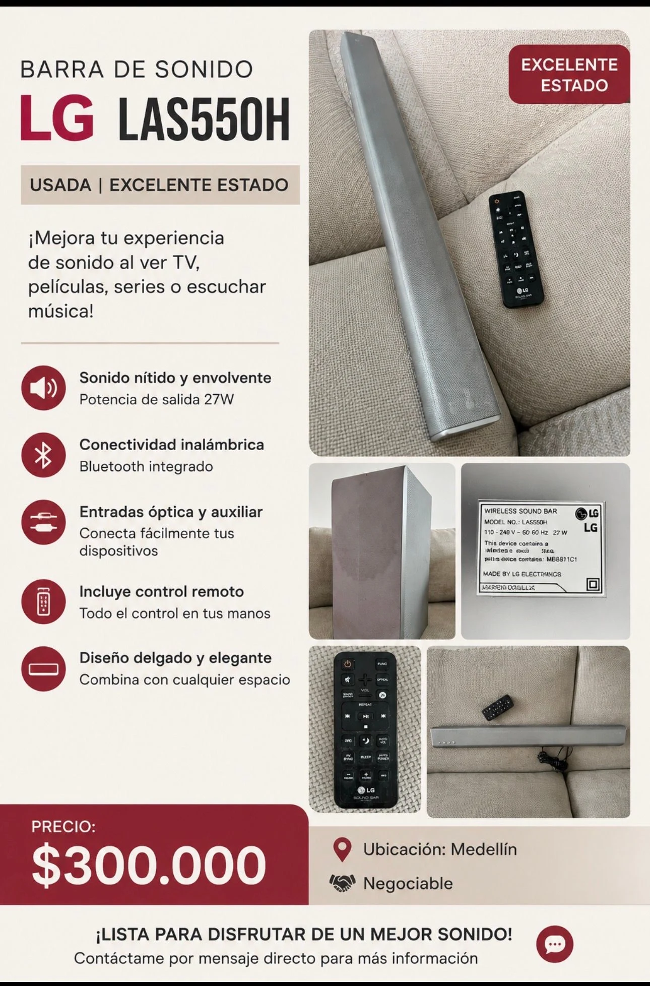 Venta de audio y video en Medellín: Barra de sonido LG LAS550H con control remoto — Colombia Move