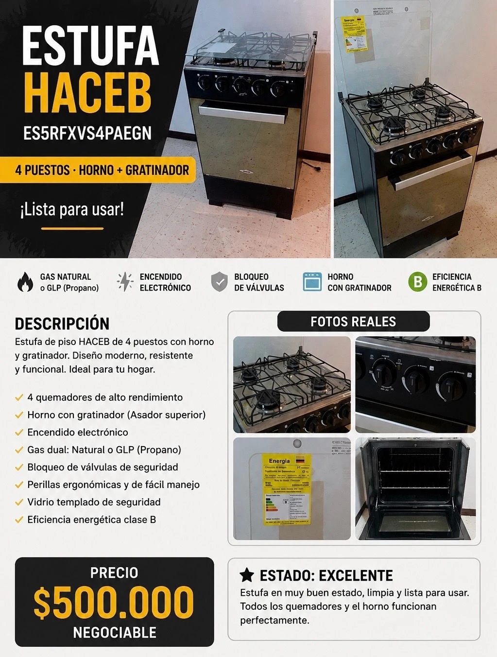 Venta de electrodomésticos en Bogotá: Estufa Haceb de 4 puestos en venta — Colombia Move
