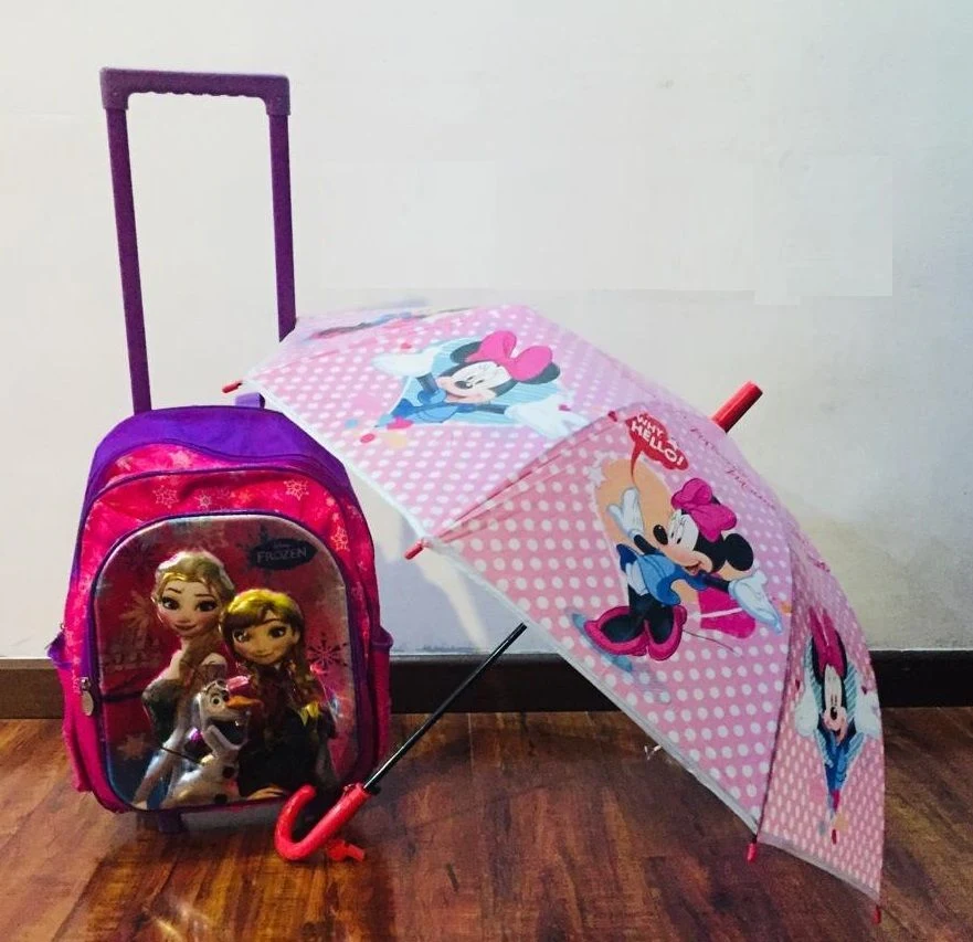 Venta de accesorios y joyería en Usaquén, Bogotá: Maleta escolar con ruedas de Frozen y sombrilla de Minnie Mouse — Colombia Move