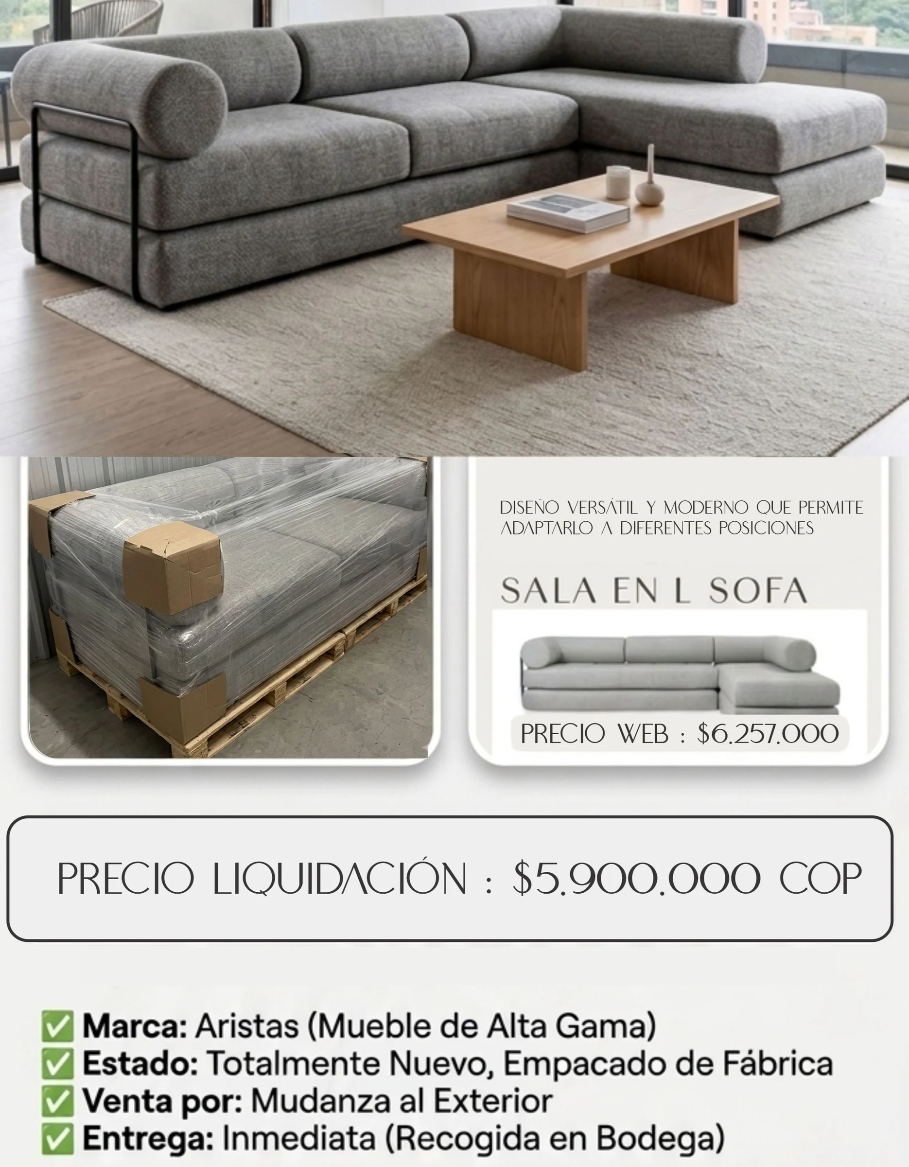 Venta de sofás y salas en Bogotá: Sofa en L Aristas - NUEVO SIN ESTRENAR - Empaque Original — Colombia Move