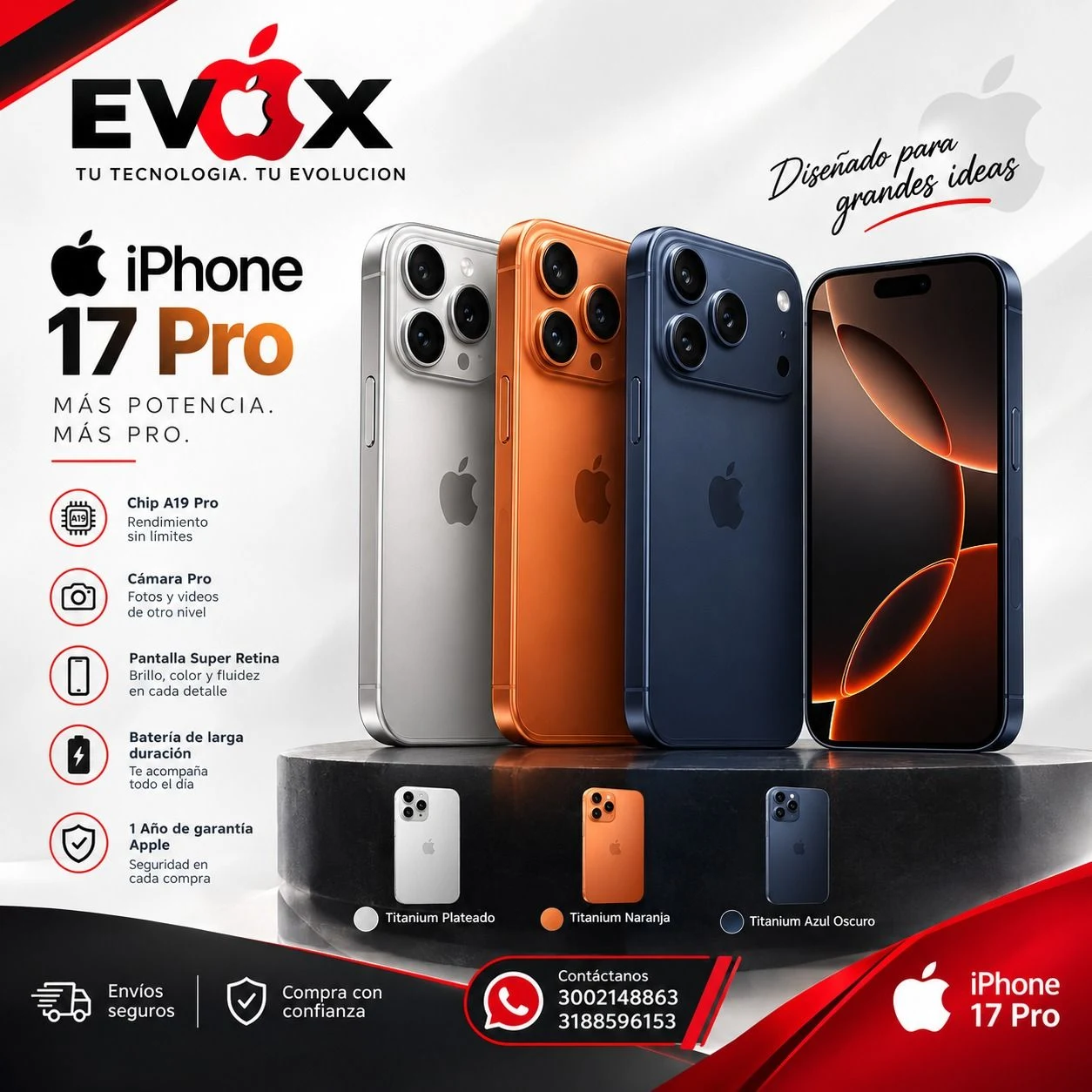 Venta de celulares y tablets en Bogotá: iPhone 17 Pro en colores titanio plateado, naranja y azul oscuro — Colombia Move
